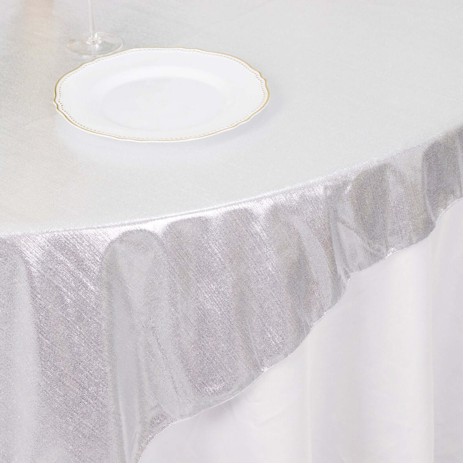 Polyester 72x72 Table Overlay Square Tablecloth Silver - Sequin Dots Wrinkle-Free Table Cover