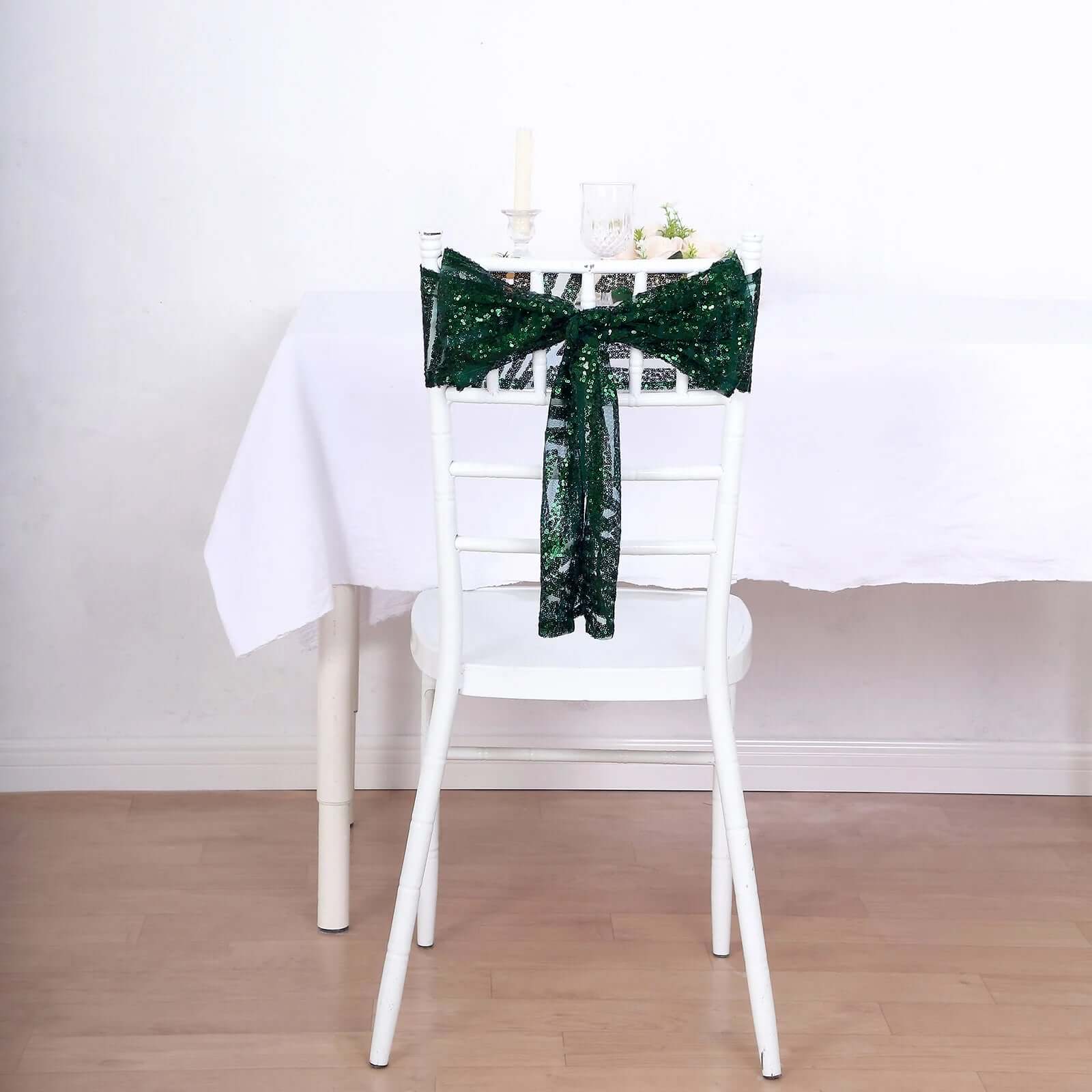 5 Pack Glitz Sequin Chair Sashes with Geometric Diamond Design 6x88 Hunter Emerald Green