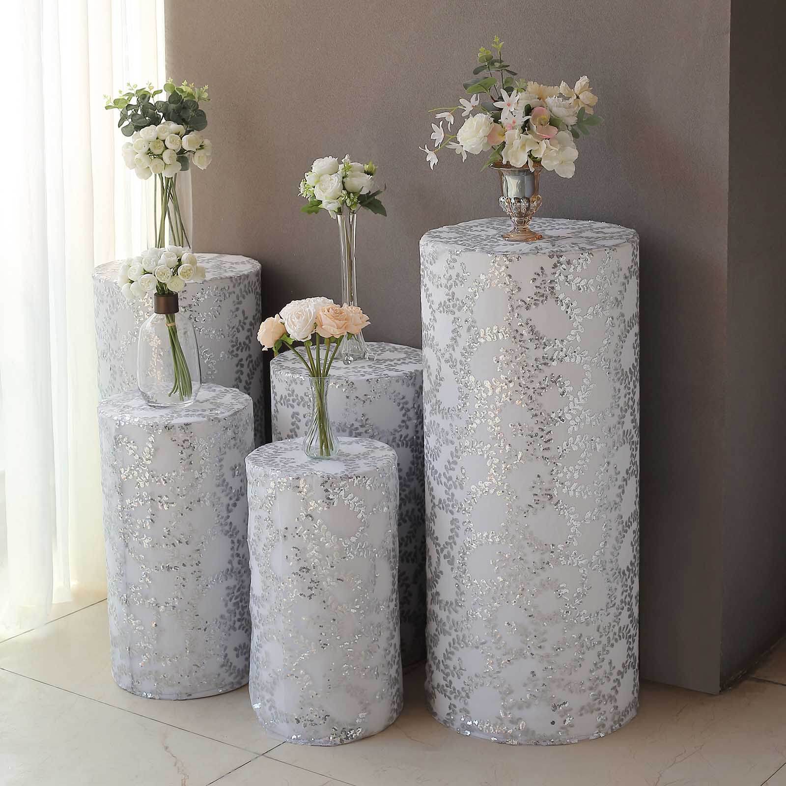 Set of 5 Silver Sequin Mesh Cylinder Pedestal Stand Covers with Leaf Vine Embroidery, Sparkly Sheer Tulle Pillar Prop Covers