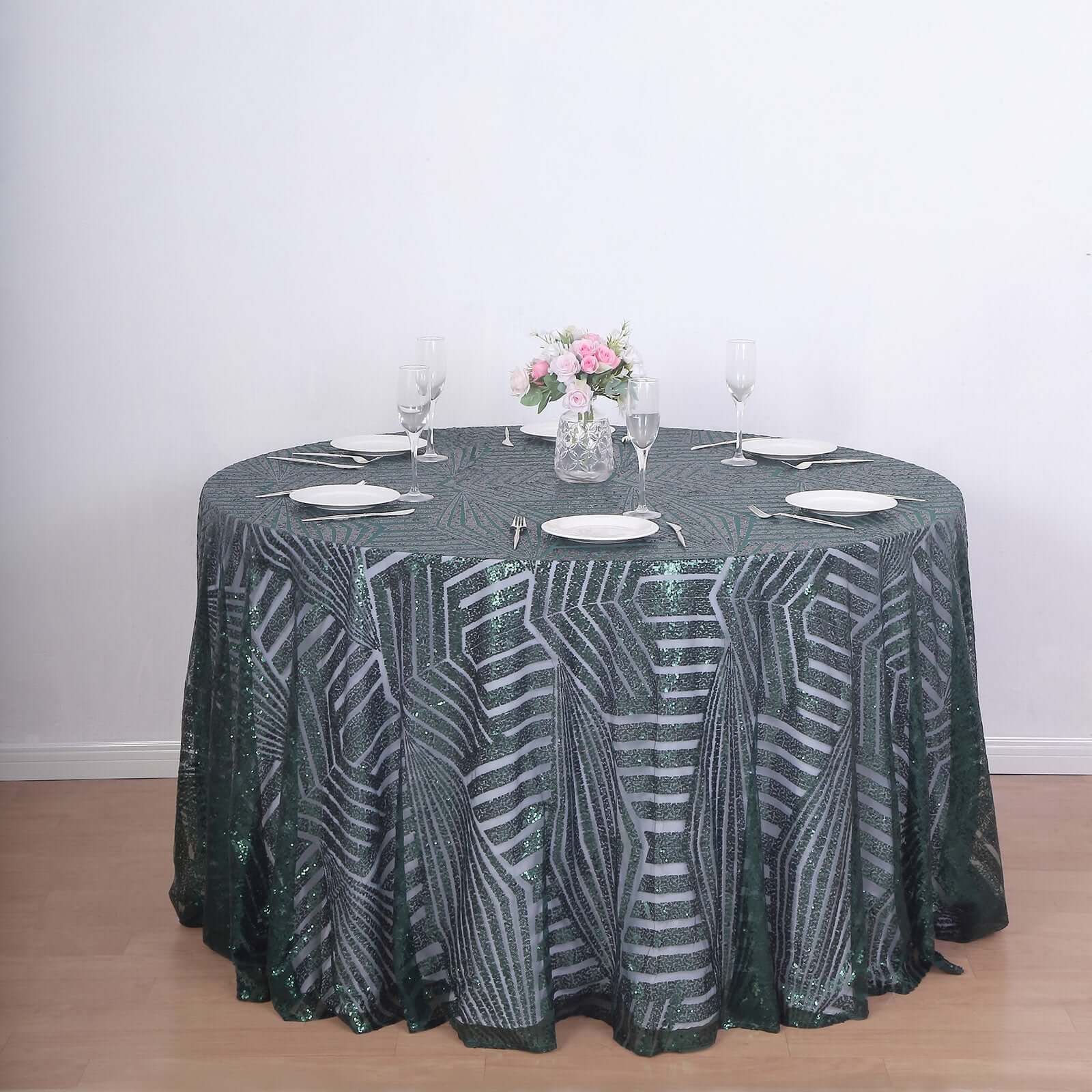 Sequin 120 Round Tablecloth Hunter Emerald Green - Seamless Diamond Glitz Table Cover