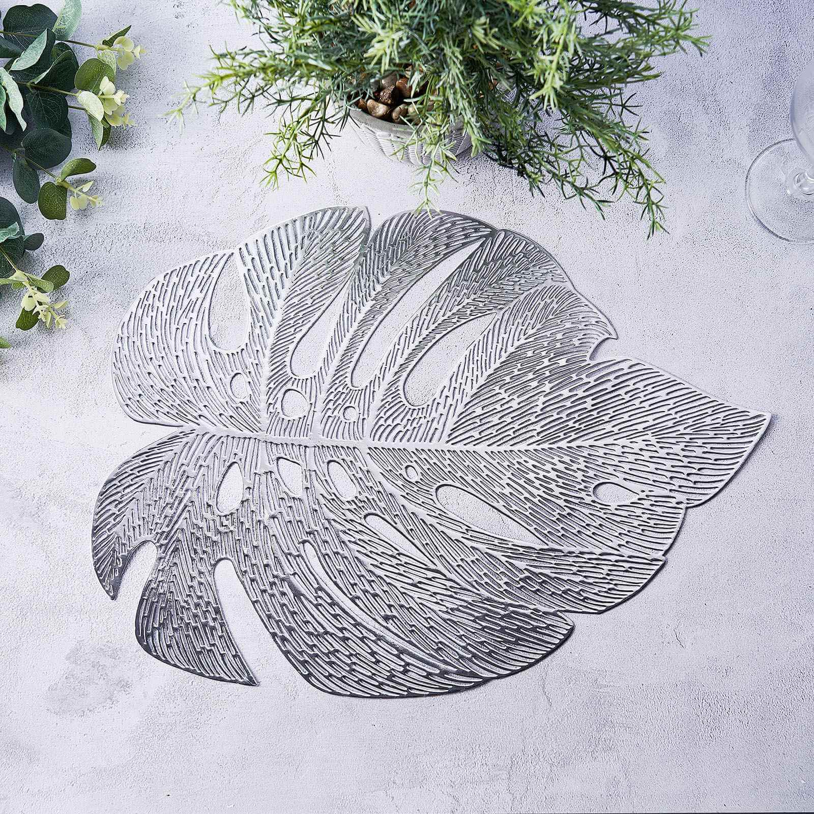 6-Pack Dining Table Mats Monstera Leaf Design Silver - Vinyl Non-Slip Surface for Tropical Themes 18