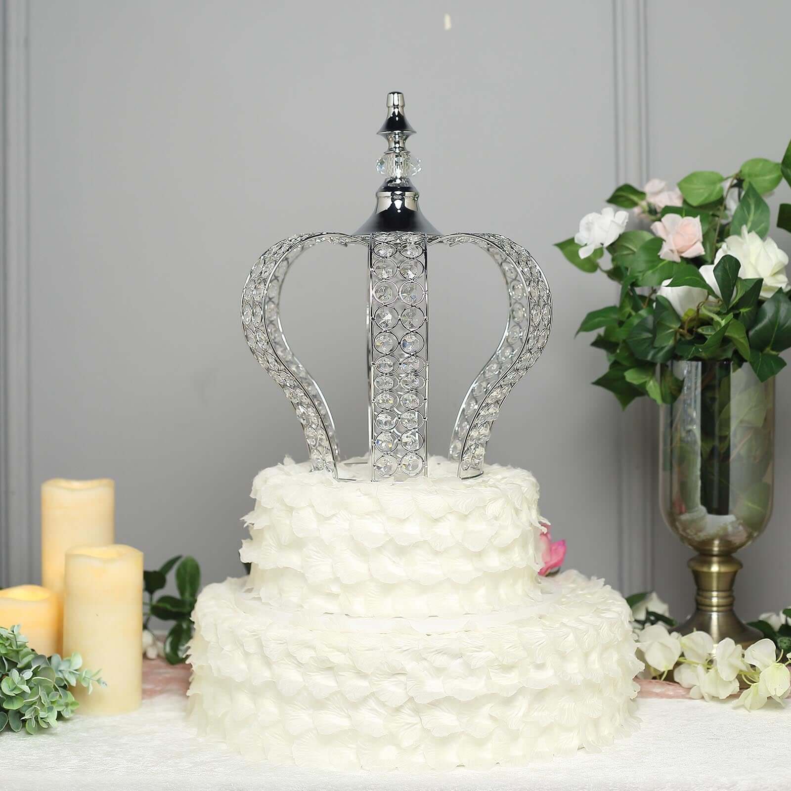 Crystal-Bead Royal Crown Cake Topper Metallic Silver - Dazzling Cake Centerpiece Decor for Luxurious Birthdays Receptions & Romantic Celebrations 14