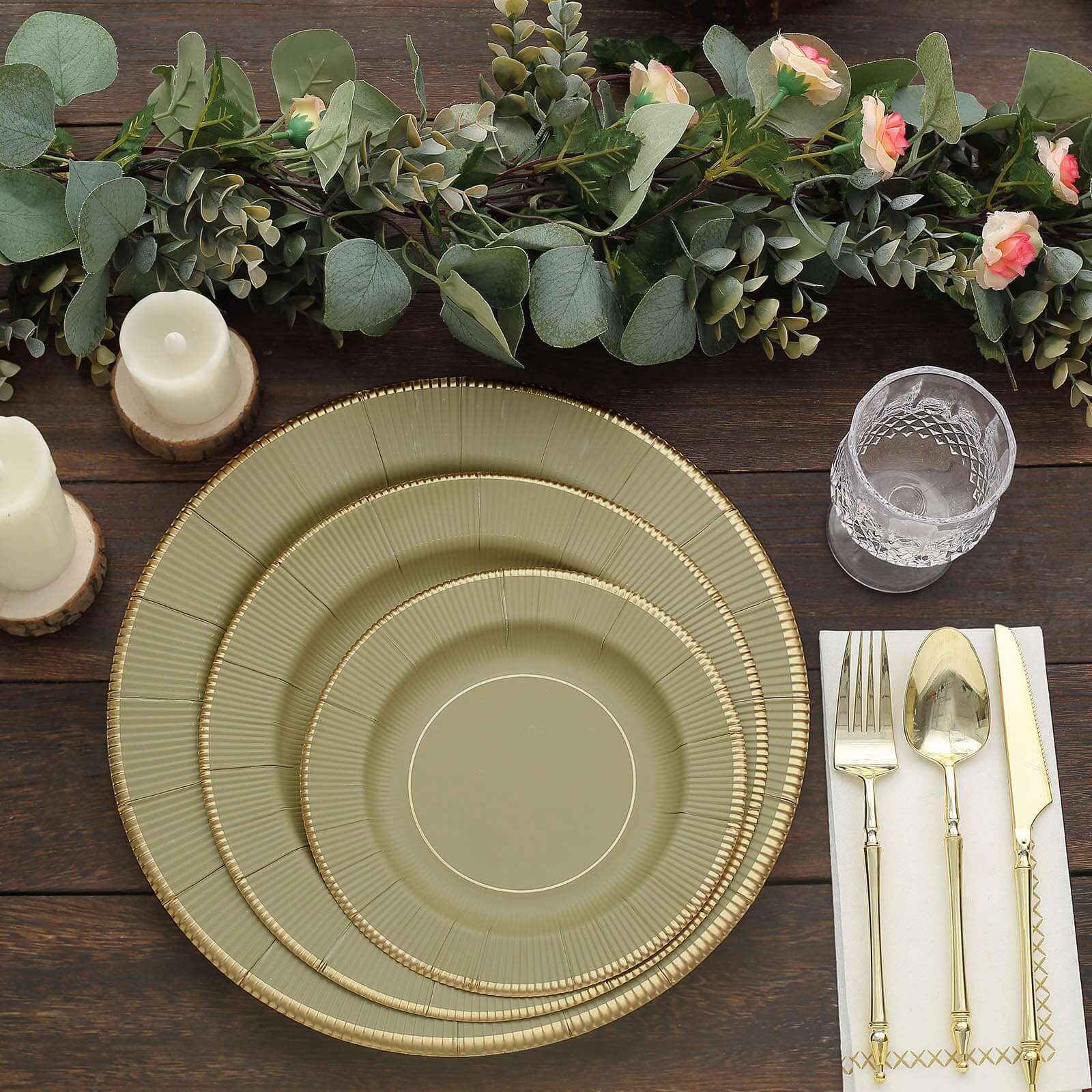 25-Pack Paper 8 Round Dessert Plates in Khaki Sunray Design with Gold Rim - Disposable Heavy Duty 350GSM Appetizer Salad Plates