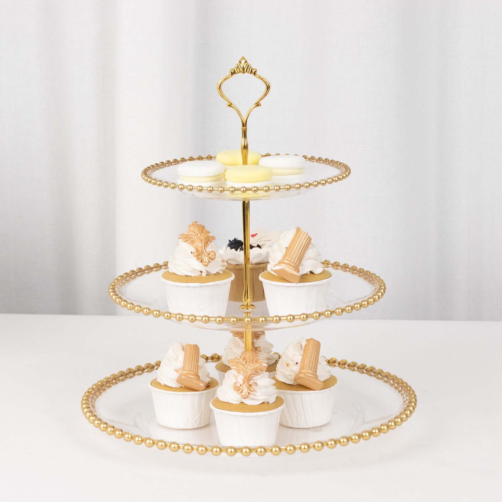 3-Tier Plastic Round Cupcake Tower Stand Clear - Versatile Dessert Display Tea Party Serving Platter with Gold Beaded Rim & Top Handle 14