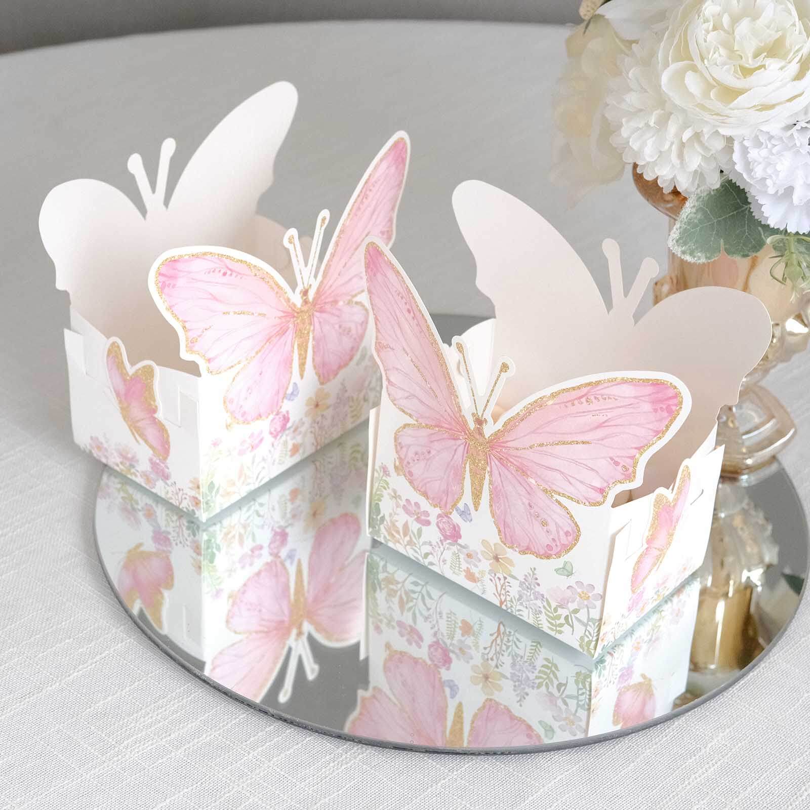 25-Pack Disposable Food Trays White/Pink Glitter Butterfly Design Cardstock - Whimsical Disposable Serving Tray Food Boats for Girls Birthday Baby Shower Party Supplies 6x7