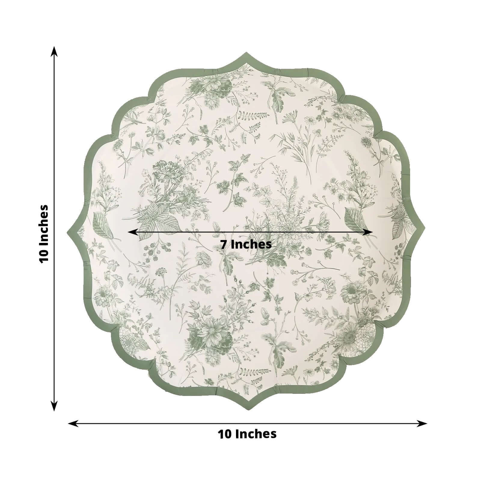 25-Pack Paper 10 Round Dinner Plates in White with Sage Green French Toile Design & Scalloped Rim - Disposable 300GSM Party Plates for Classy Events & Special Occasions