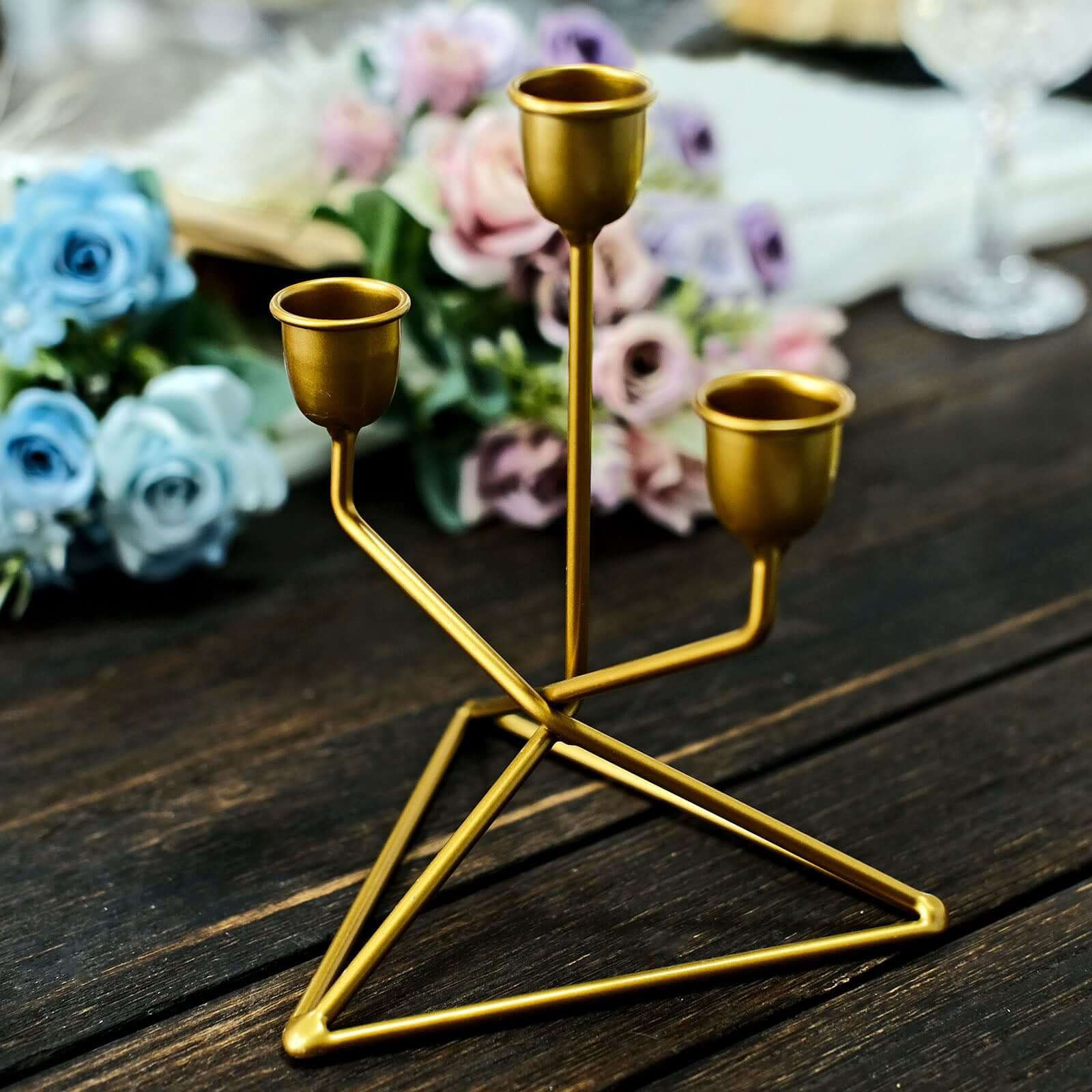 2-Pack Triangle Base Geometric Taper Candelabra 3 Arm Candle Holder Design Gold Metal - Decorative Centerpiece 7