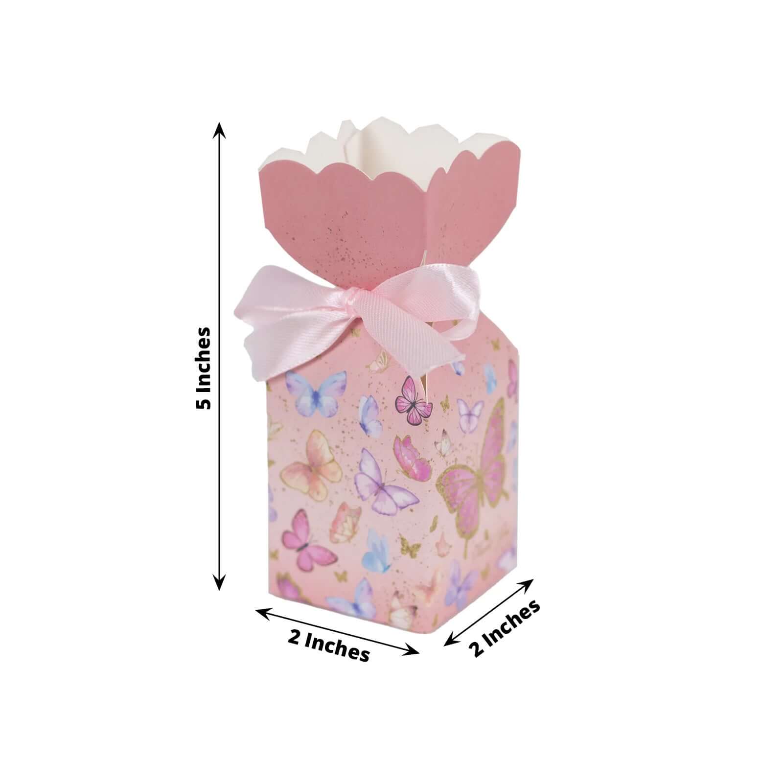 25 Pack Pink Floral Top Candy Gift Boxes With Butterfly Print, Cardstock Paper Party Favor Boxes With Satin Ribbons - 2x5