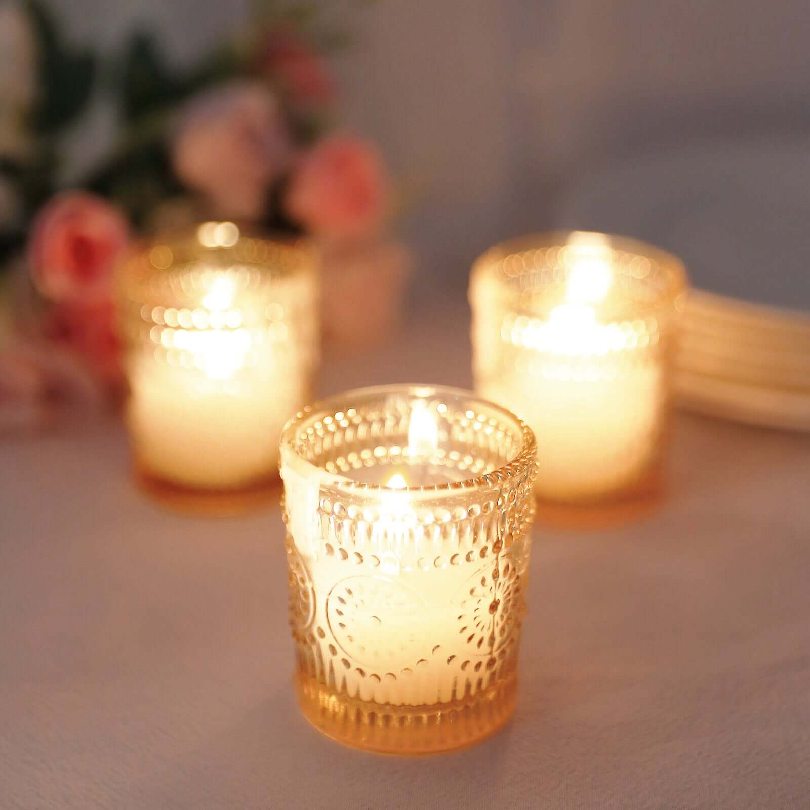 6-Pack Glass Candle Holders Amber Gold Primrose Design - Votive Tealight Holders for Weddings