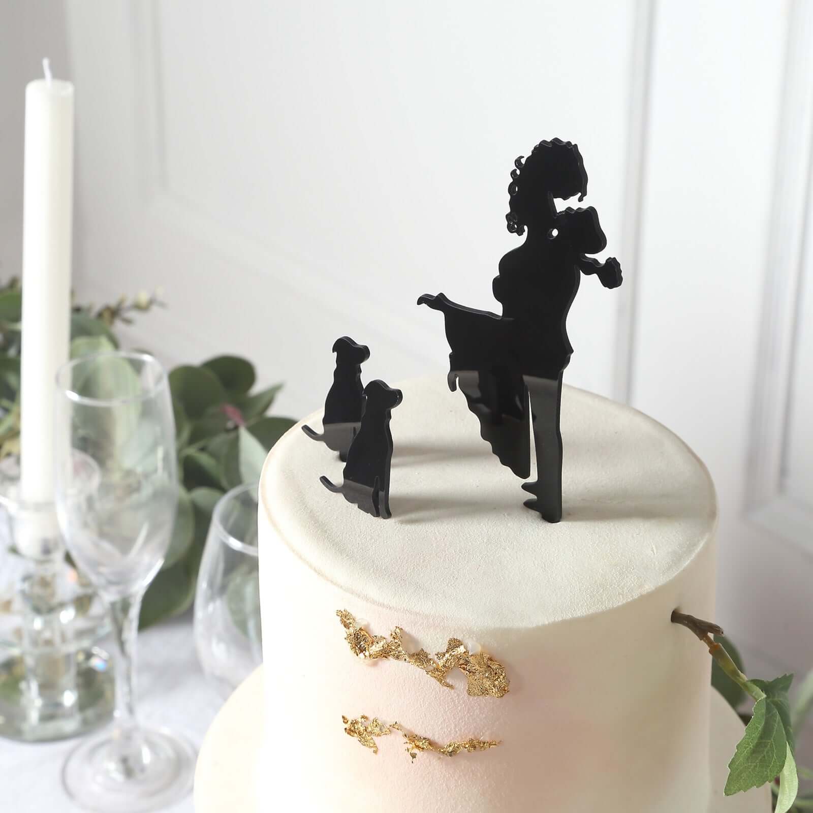 Acrylic Cake Toppers Black Silhouette Design of Bride, Groom, and Pet Dogs - Wedding Cake Decoration Set 7