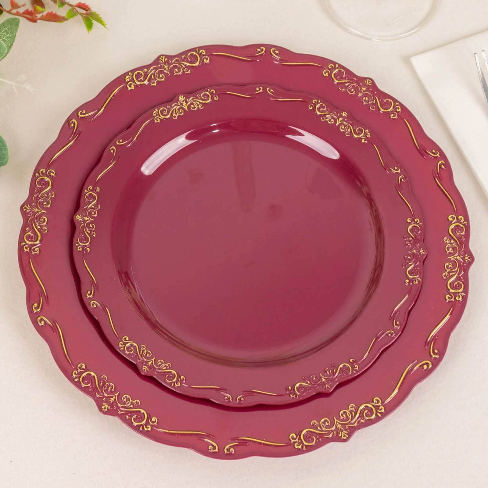 10-Pack Plastic 7 Round Dessert Plates in Burgundy with Gold Vintage Embossed Rim - Sturdy Disposable Scalloped Edge Salad Plates