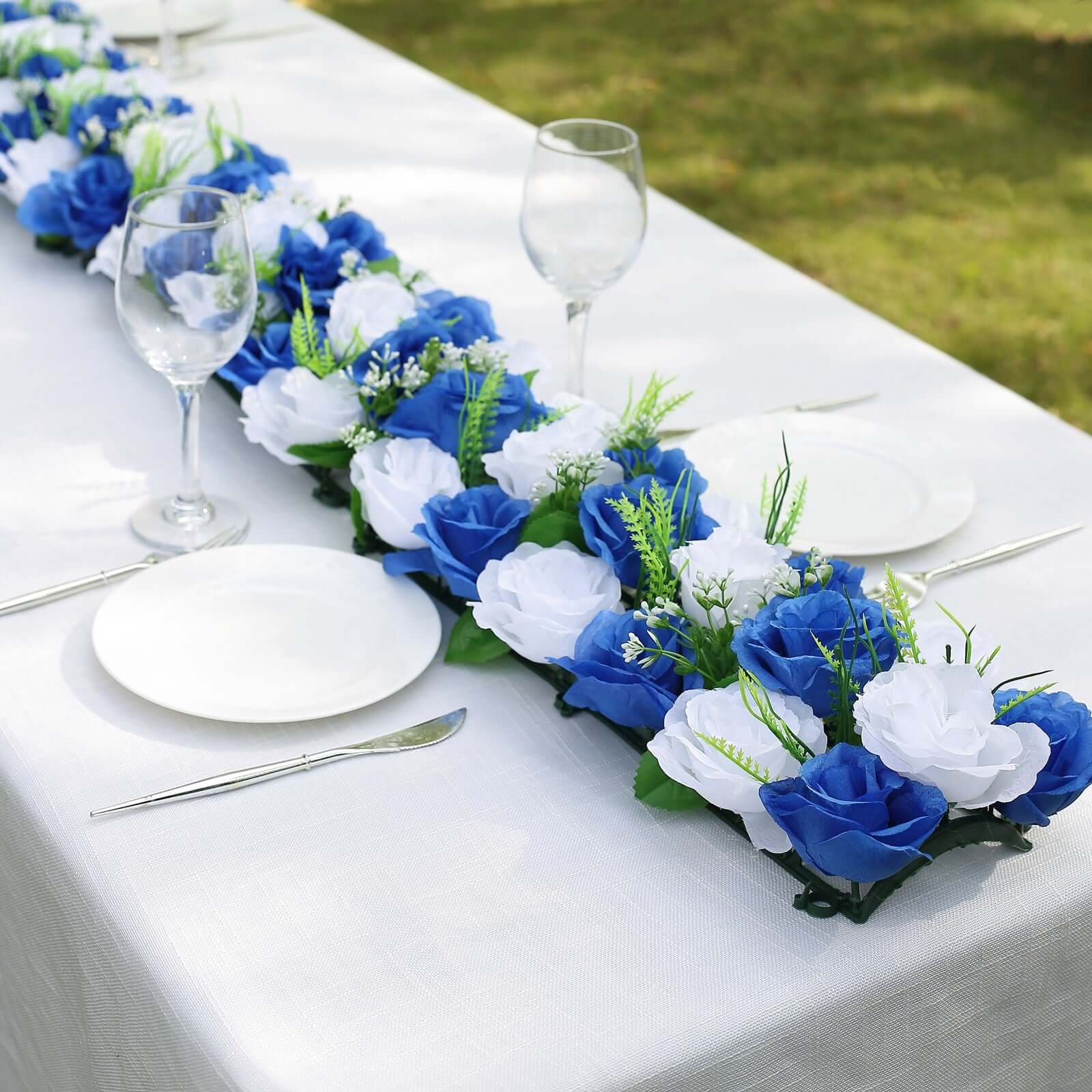 6 Pack White Royal Blue Silk Rose Flower Panel Table Runner, Artificial Floral Arrangements Wedding Table Centerpiece - 20x8