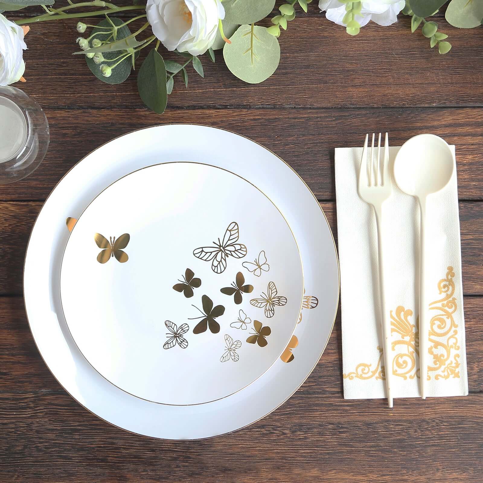 Set of 20 Plastic Round Dinner and Salad Plates in White with Gold Butterfly Design & Gold Rim - Stylish Disposable Dinnerware for Buffets & Catered Events 8, 10