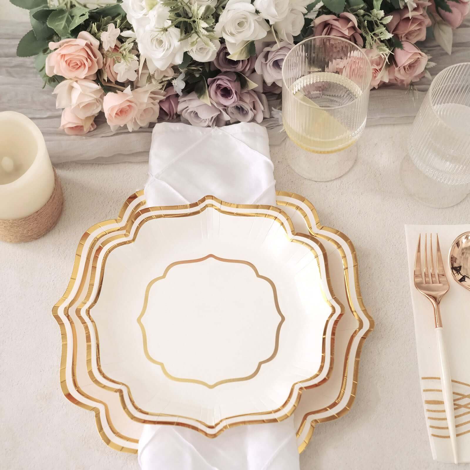 25-Pack Paper Dessert Plates in White with Gold Scallop Rim - Disposable 300GSM Appetizer Salad Plates for Classy Banquets & Celebrations 8