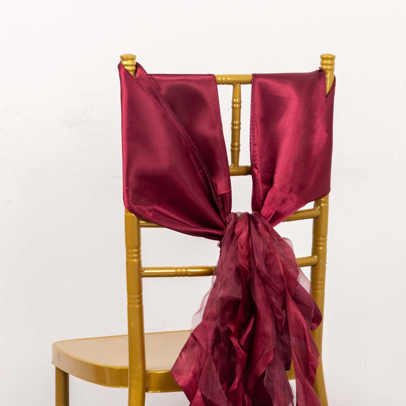 5 Pack Chiffon Satin Chair Sashes Burgundy - Easy to Install Ruffled Curly Willow