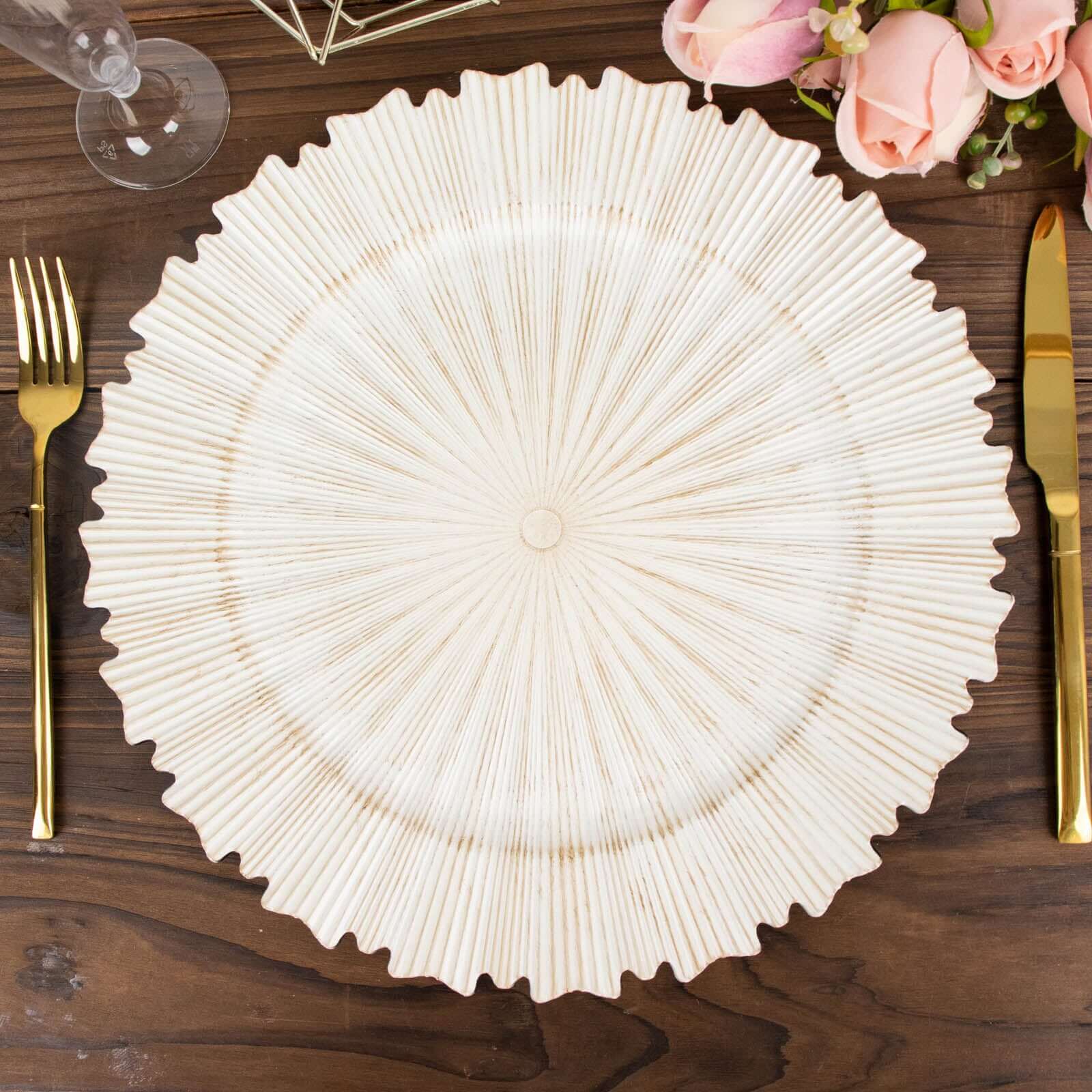 6-Pack Acrylic Plastic Round Charger Plates 13 in Antique White with Sunray Scalloped Rim, Decorative Dinner Party Charger Tableware