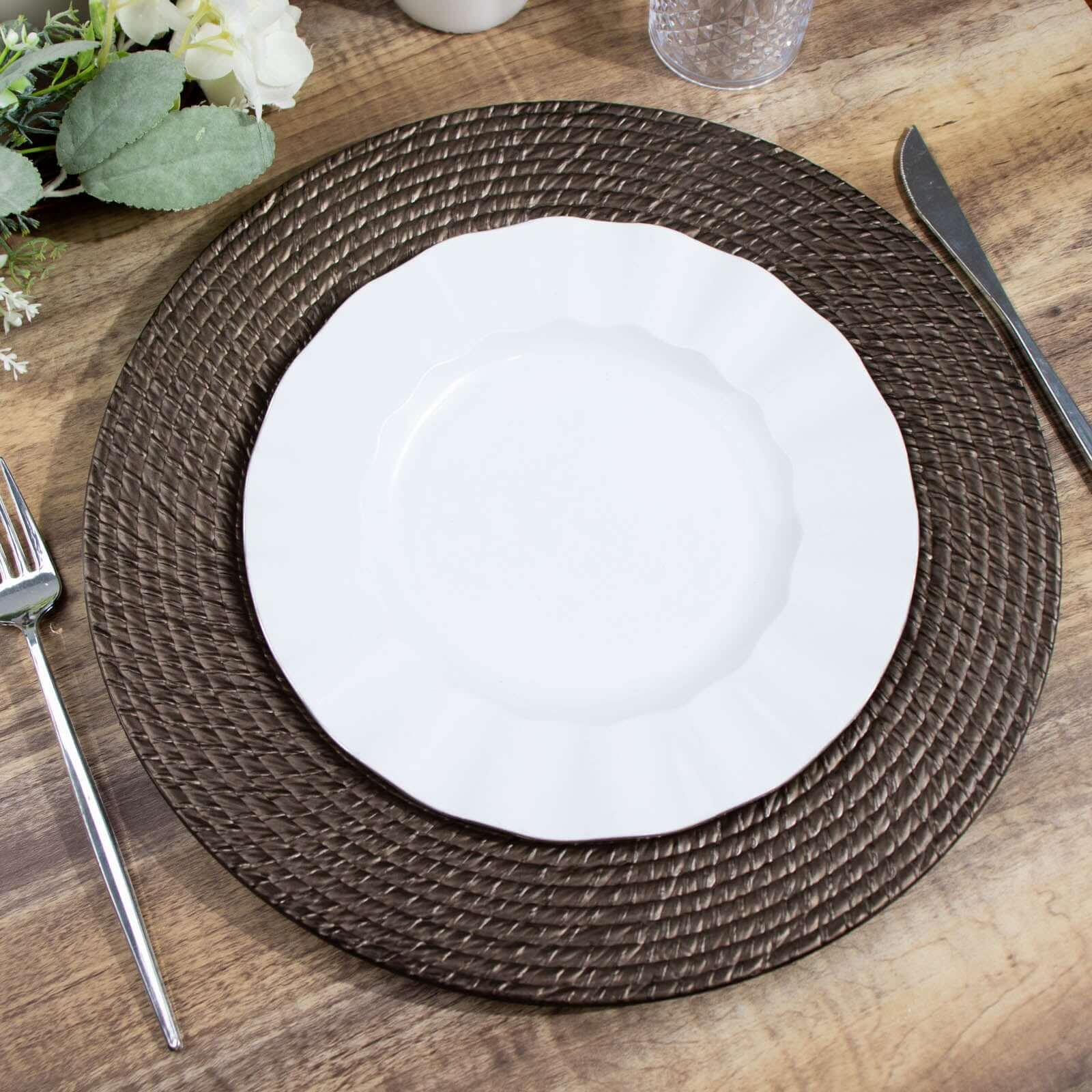 6-Pack Acrylic Round Charger Plates 13 in Natural Brown with Rattan-Like Design, Farmhouse Disposable Plastic Charger Tableware