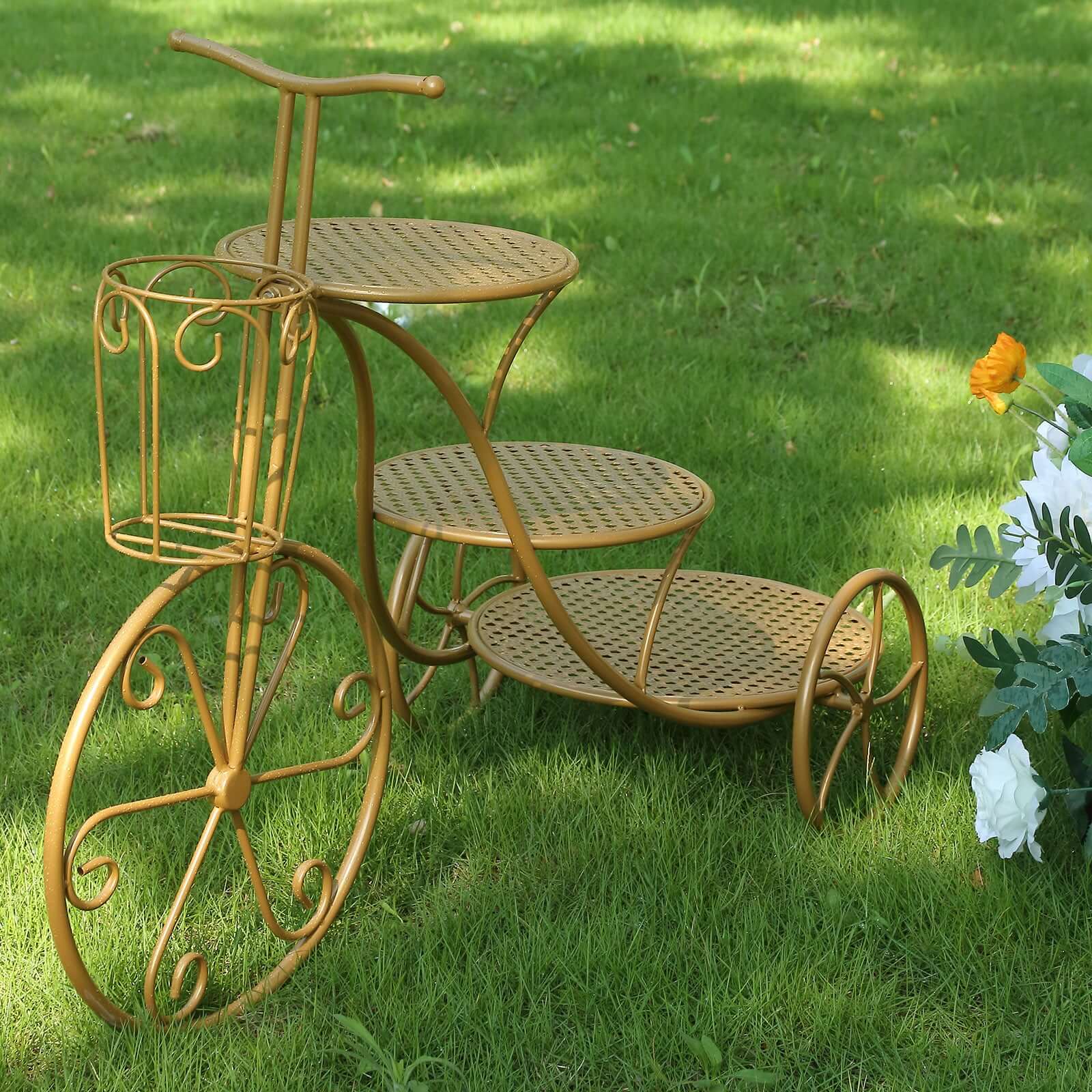 3-Tier Metal Cake Stand 40 Gold Bicycle Shape with Mesh Trays - Exquisite Multi Layered Cupcake Dessert Display Holder for Weddings Garden-Themed Events & Parties