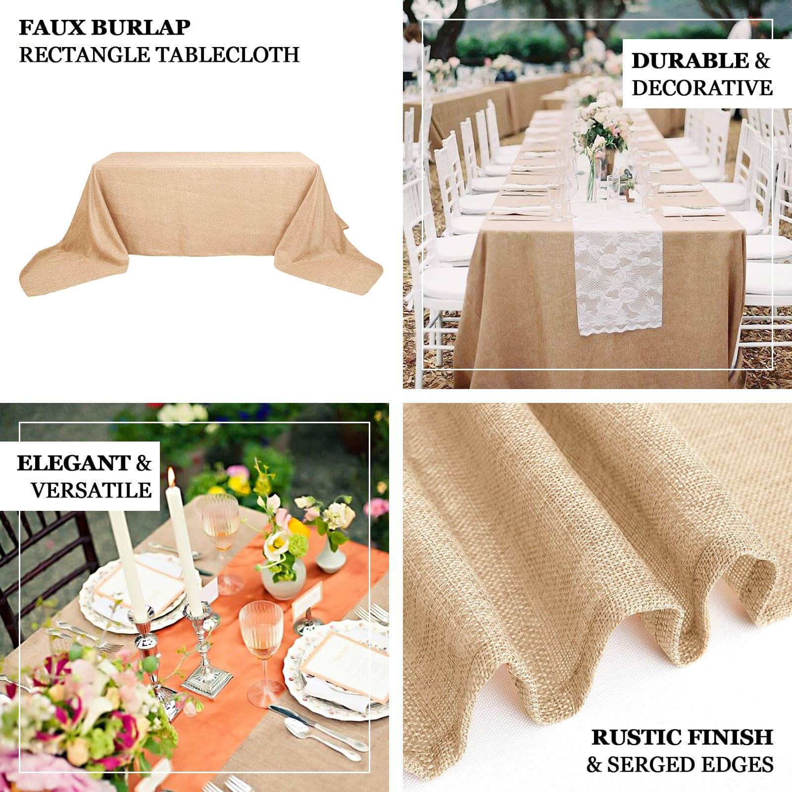 Faux Burlap Jute 90x132 Rectangle Tablecloth Natural - Rustic Seamless Event Table Linen