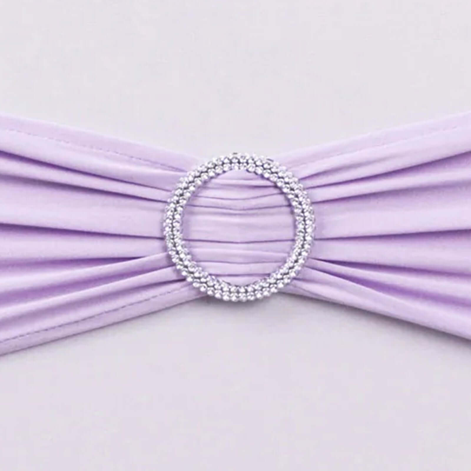 5 Pack Stretch Spandex Chair Sashes Lavender Lilac - Reusable Chair Bands with Silver Diamond Ring Slide Buckle 5x14