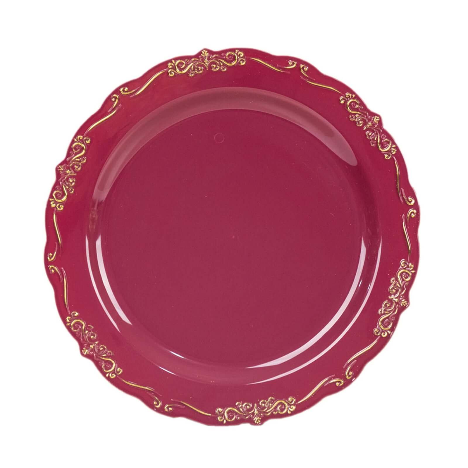 10-Pack Plastic 10 Round Dinner Plates in Burgundy with Gold Vintage Embossed Rim - Sturdy Disposable Scalloped Edge Party Plates for Sophisticated Events & Celebrations