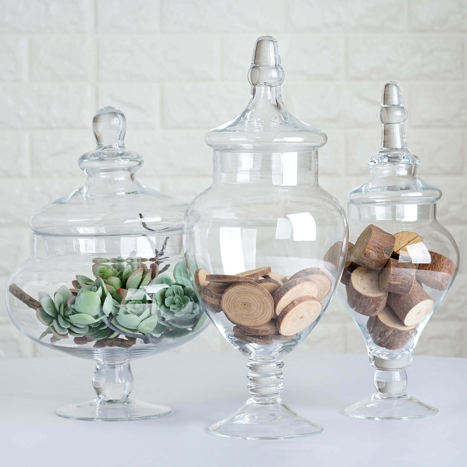 Set of 3 Glass Candy Jars Pedestal Apothecary Design Clear with Snap-On Lids - Stylish Party Favor Containers 10/12/14