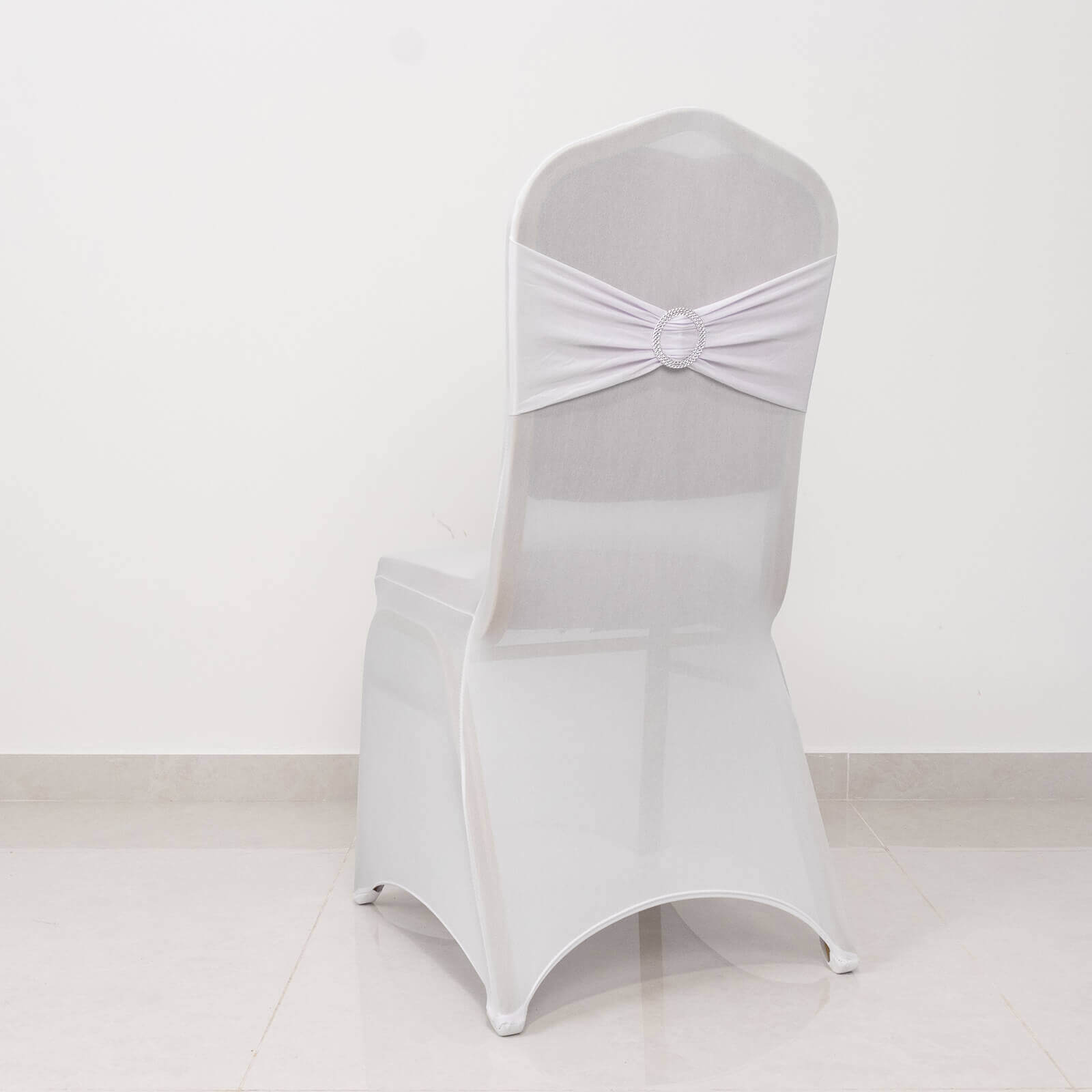 Spandex Chair Cover with White Rhinestone Buckled Sash Band Blush - Stylish Stretch Fitted Slipcover for Banquets & Events