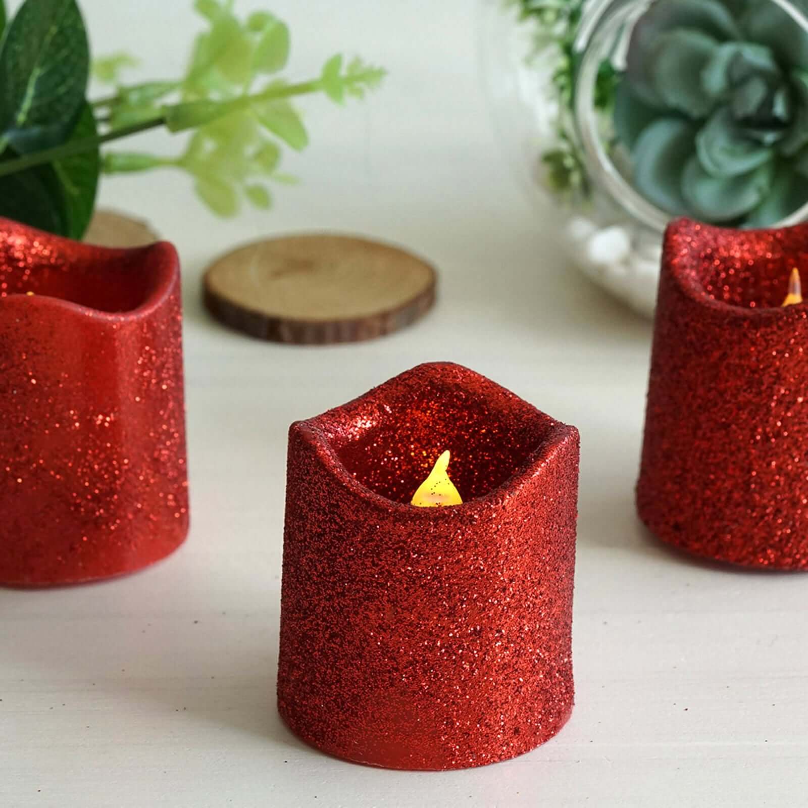 12-Pack LED Votive Candles Glittered Red Design - Reusable Flameless Battery Operated Lights