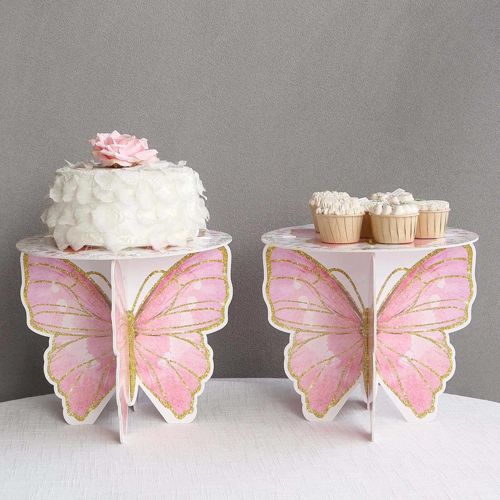 2-Pack Foam Board Cake Stands White/Pink Glitter Butterfly with Floral Print - Sturdy Cupcake Dessert Holder Display Stands for Enchanted Garden Party Birthday & Event Decor 12