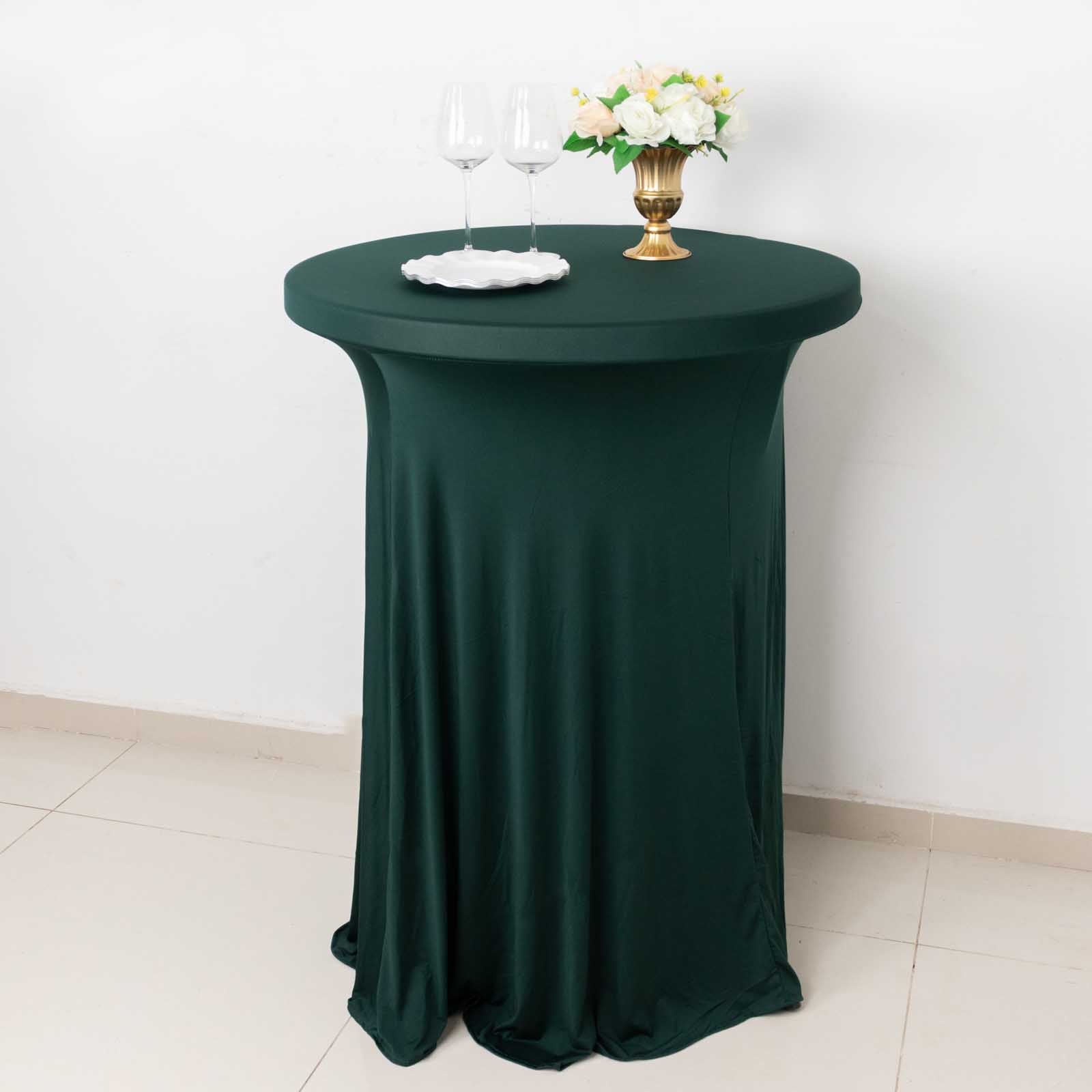 Spandex 32 Round Cocktail Table Cover Skirt Hunter Emerald Green With Natural Wavy Drapes