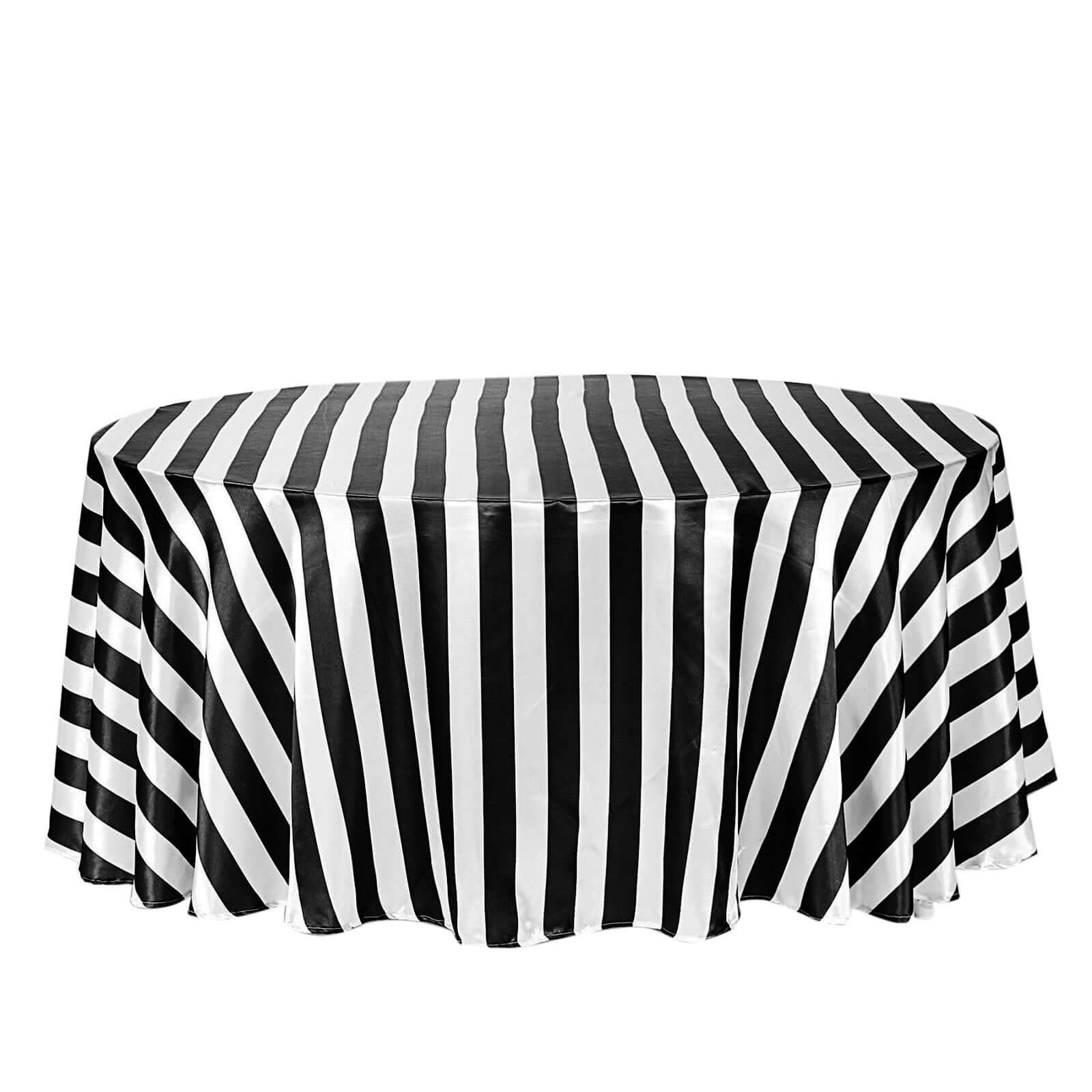 Satin 120 Round Tablecloth Black/White - Stripe Design with Seamless Silky Smooth Finish Table Cover