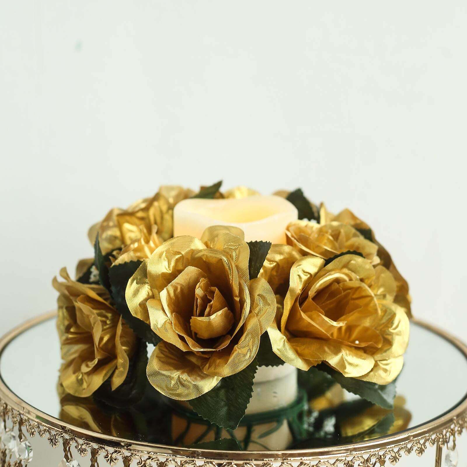 4 Pack 3 Gold Artificial Silk Rose Flower Candle Ring Wreaths