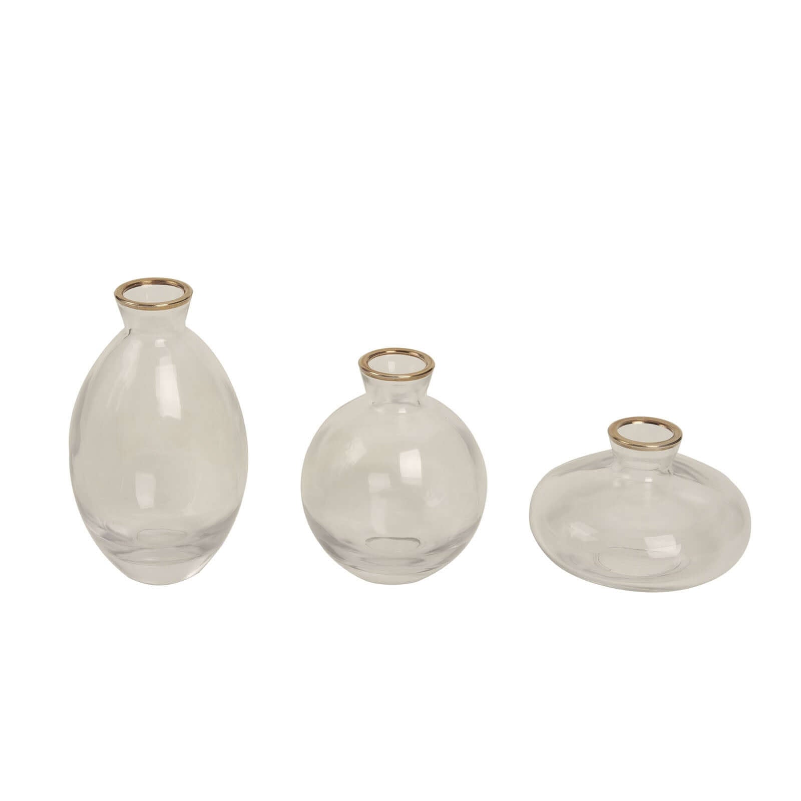 Set of 3 Clear Glass Bud Vases with Metallic Gold Rim - Modern Flower Table Centerpieces Assorted Sizes