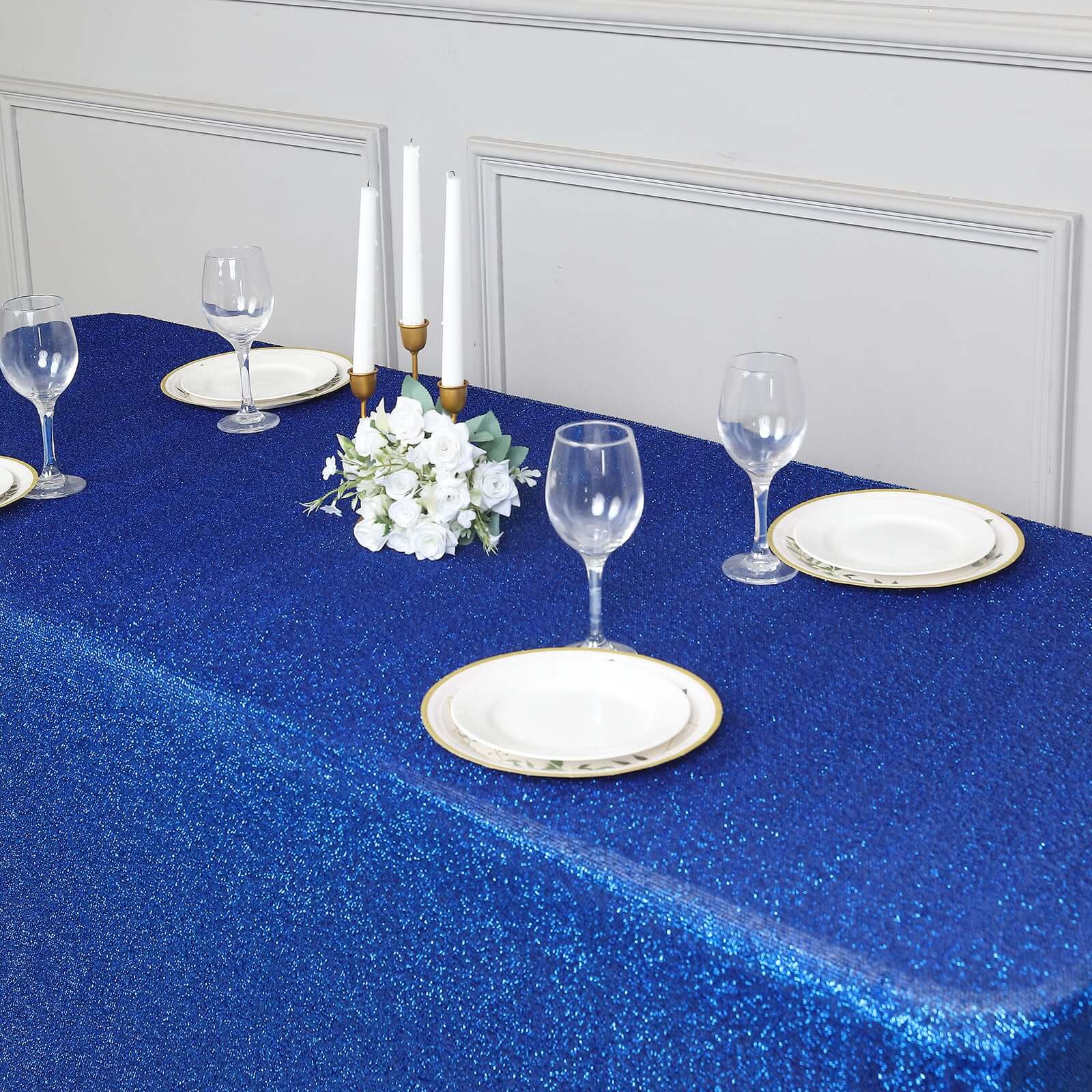 Royal Blue Metallic Shimmer Tinsel Spandex Tablecloth 6ft Rectangle Fitted Table Cover for 72x30 Tables