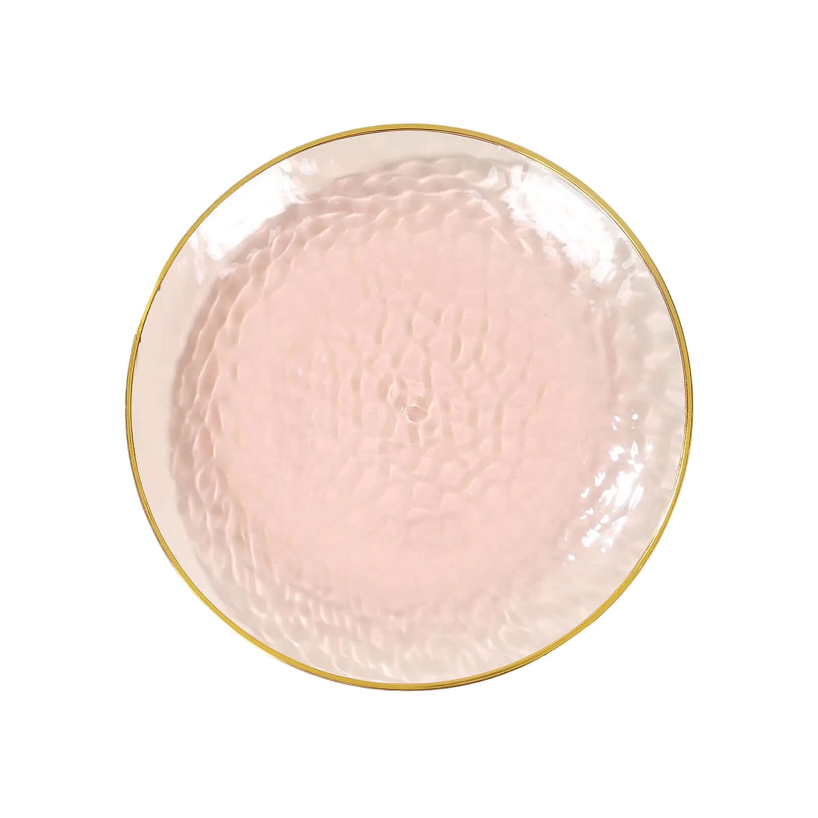 10-Pack Plastic 7 Round Dessert Appetizer Plates in Transparent Blush Hammered Design with Gold Rim - Modern Disposable Salad Plates