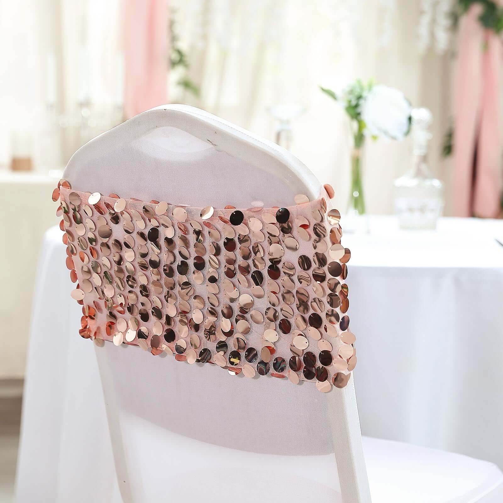 5 Pack Big Payette Sequin 13x10 Chair Sash Bands Blush - Stylish Glittering Decor for Weddings & Gatherings