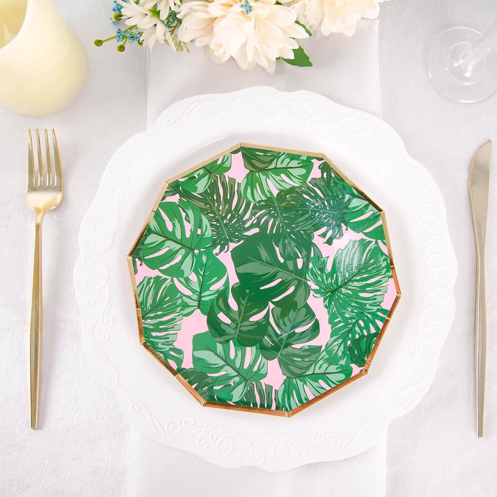 25-Pack Paper 7 Decagon Dessert Plates in Pink with Green Tropical Palm Leaves & Gold Rim - Disposable Geometric Appetizer Salad Plates for Boho Chic & Jungle Themed Events