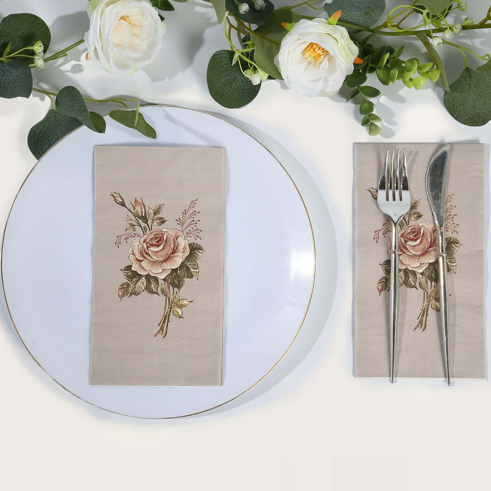 20-Pack Paper Dinner Napkins Ivory with Vintage Pink Rose Print 2 Ply - Stylish Boho Napkins for Events