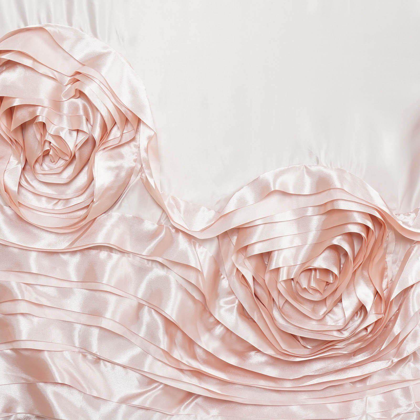 90x156 Blush Seamless Large Rosette Rectangular Satin Tablecloth for 8 Foot Table With Floor-Length Drop