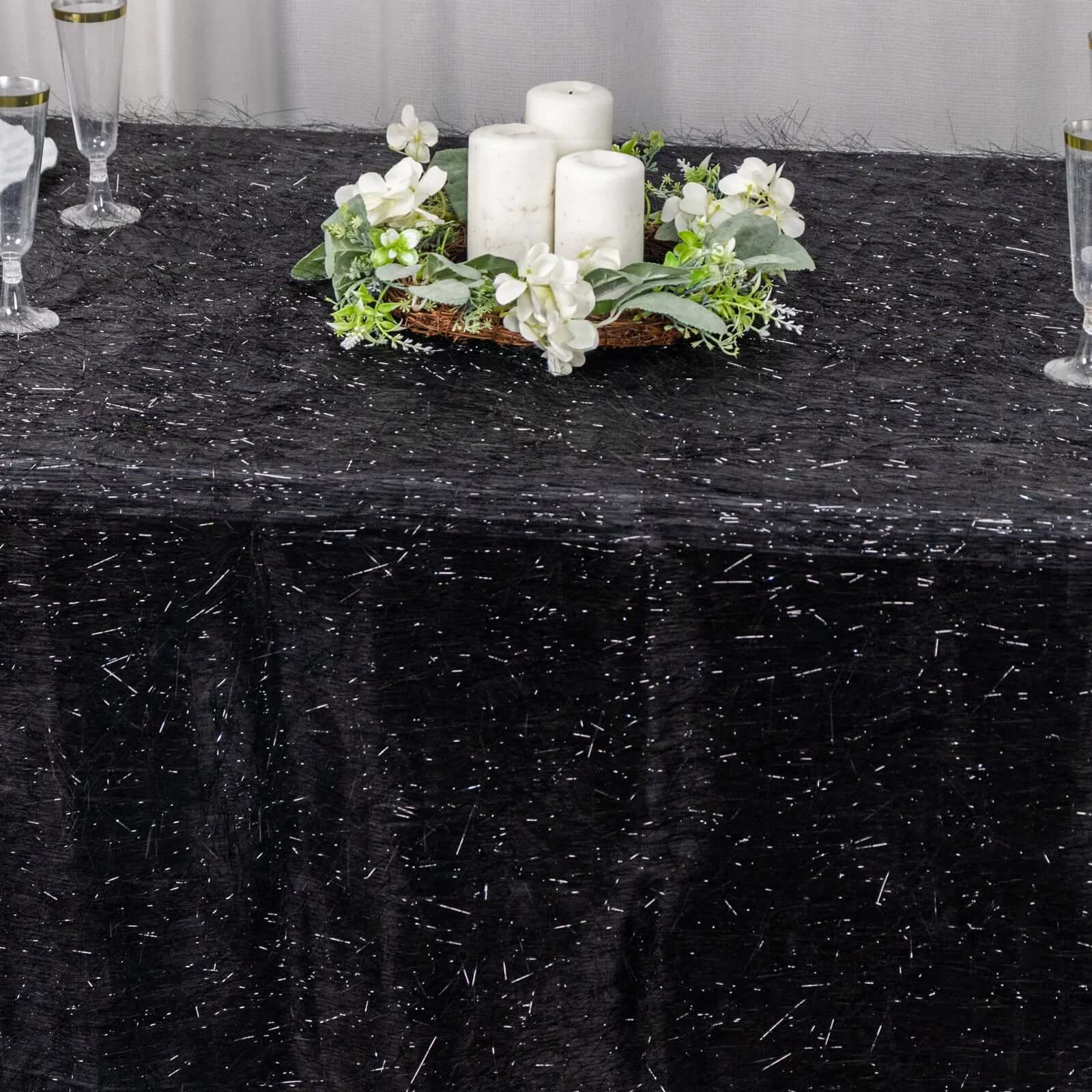 Polyester 90x156 Rectangle Tablecloth Black Metallic Fringe Shag Tinsel Table Cover