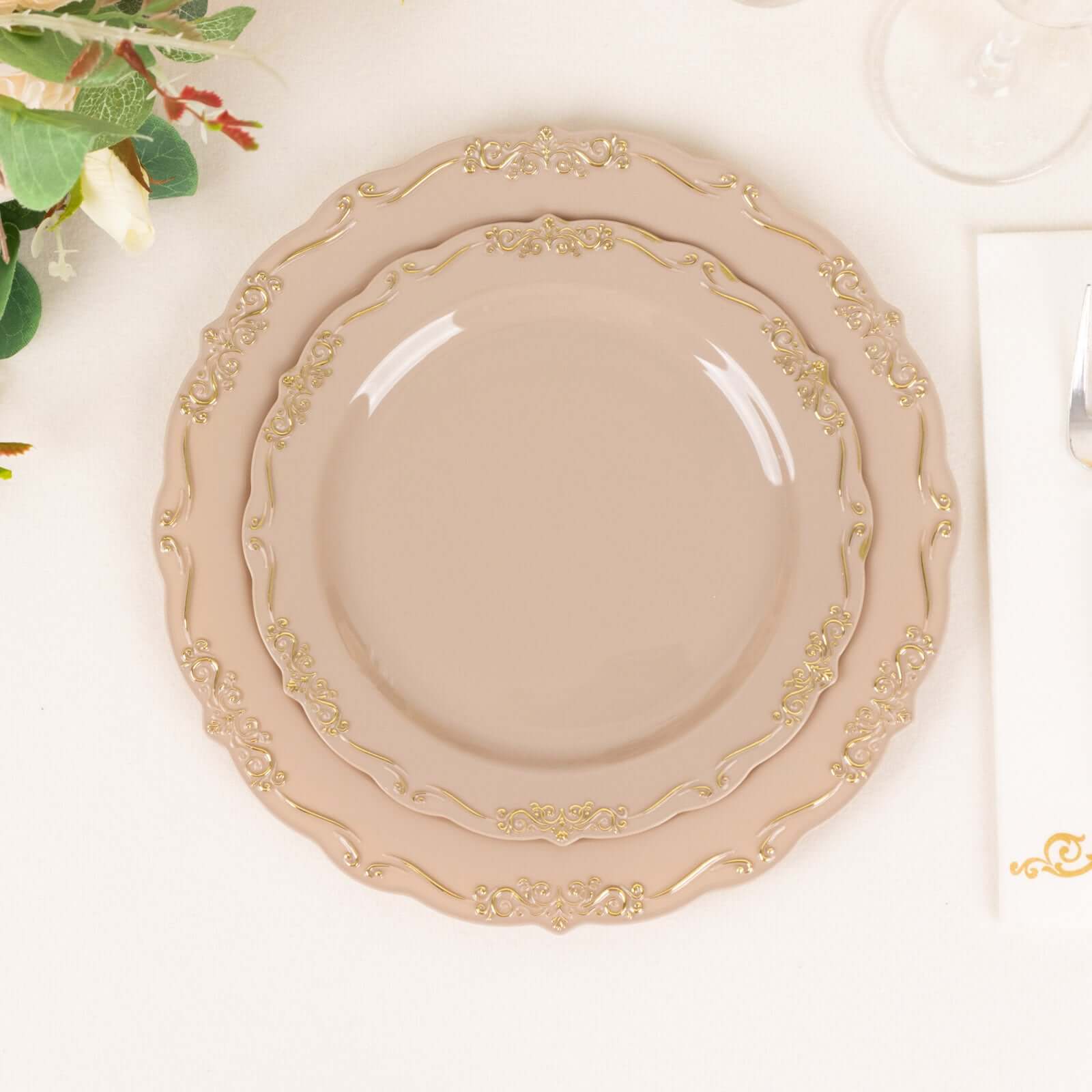 10-Pack Plastic 7 Round Dessert Plates in Taupe with Gold Vintage Embossed Rim - Sturdy Disposable Scalloped Edge Salad Plates