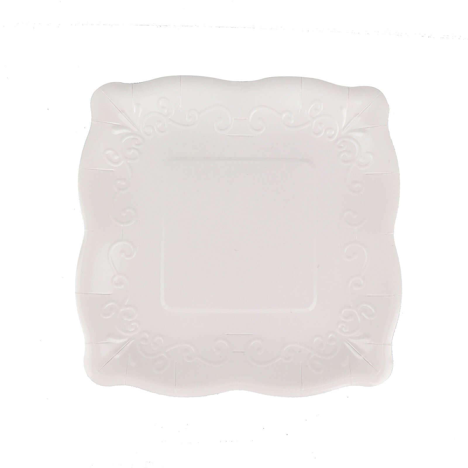 25-Pack Paper 7 Square Dessert Plates in White with Vintage Pottery Embossed Design - Shiny Disposable Appetizer Plates