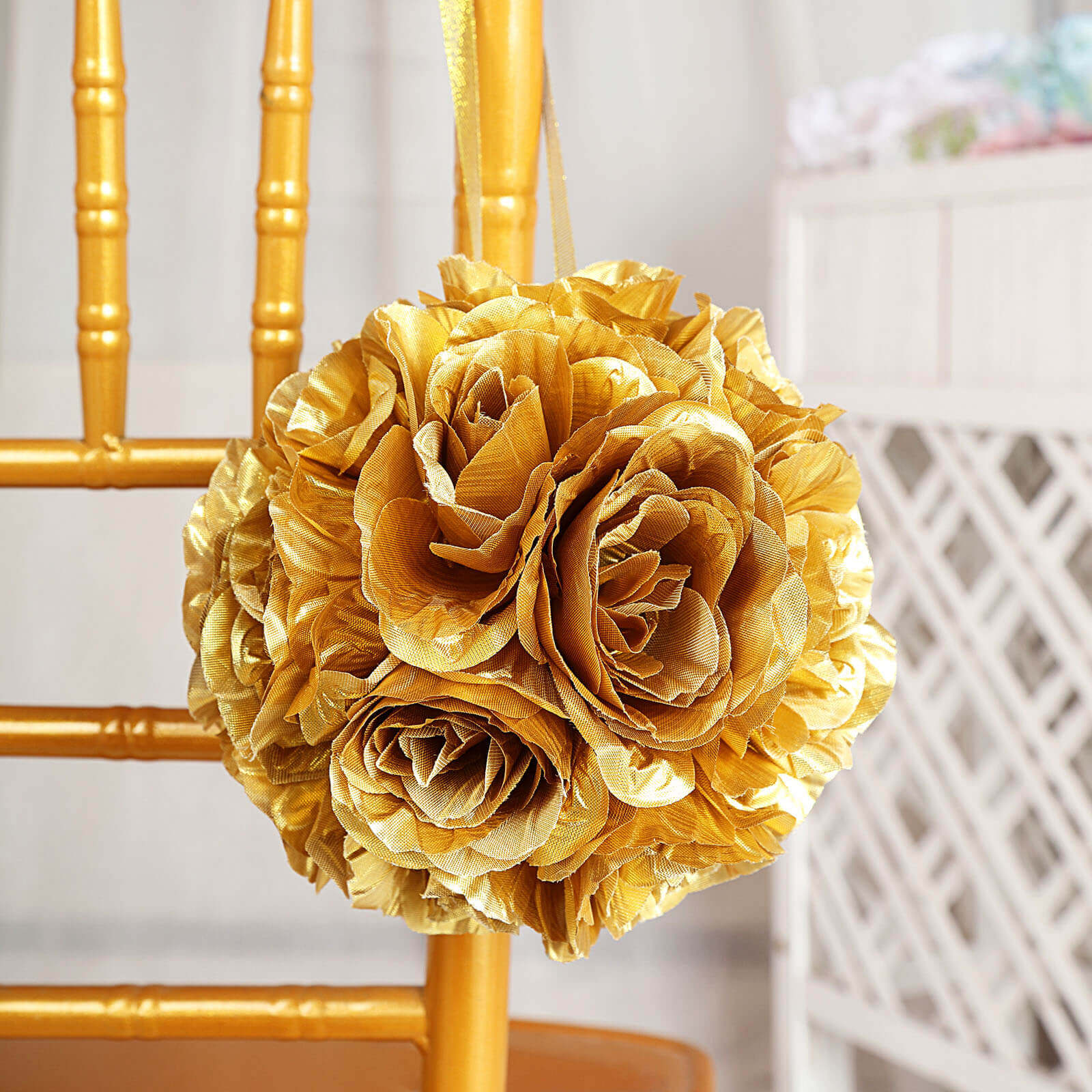 2 Pack 7 Gold Artificial Silk Rose Kissing Ball, Faux Flower Ball