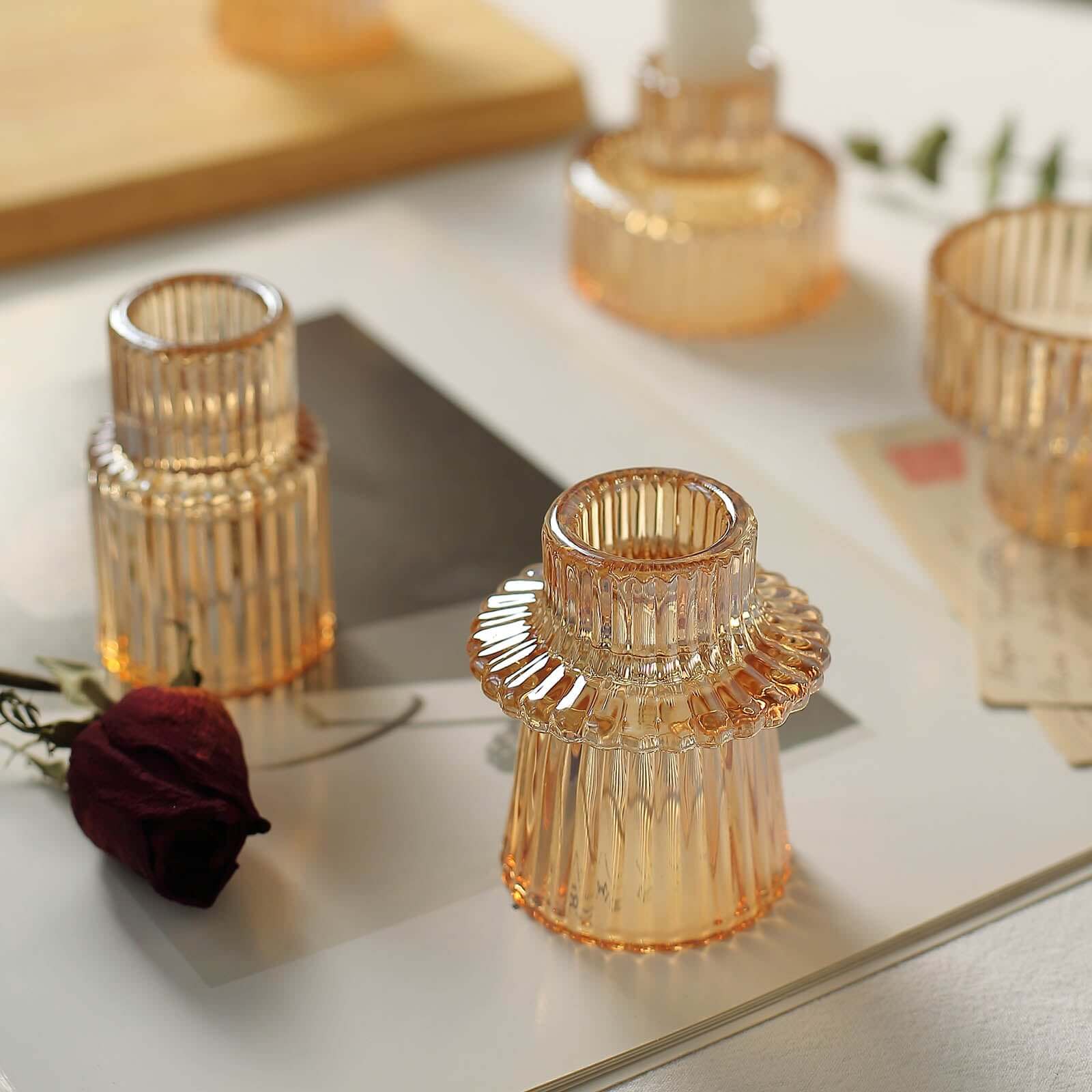 Set of 6 Glass Taper Candle Holders Ribbed Crystal Design Amber Gold - Reversible Mini Votive Tealight Stands 3