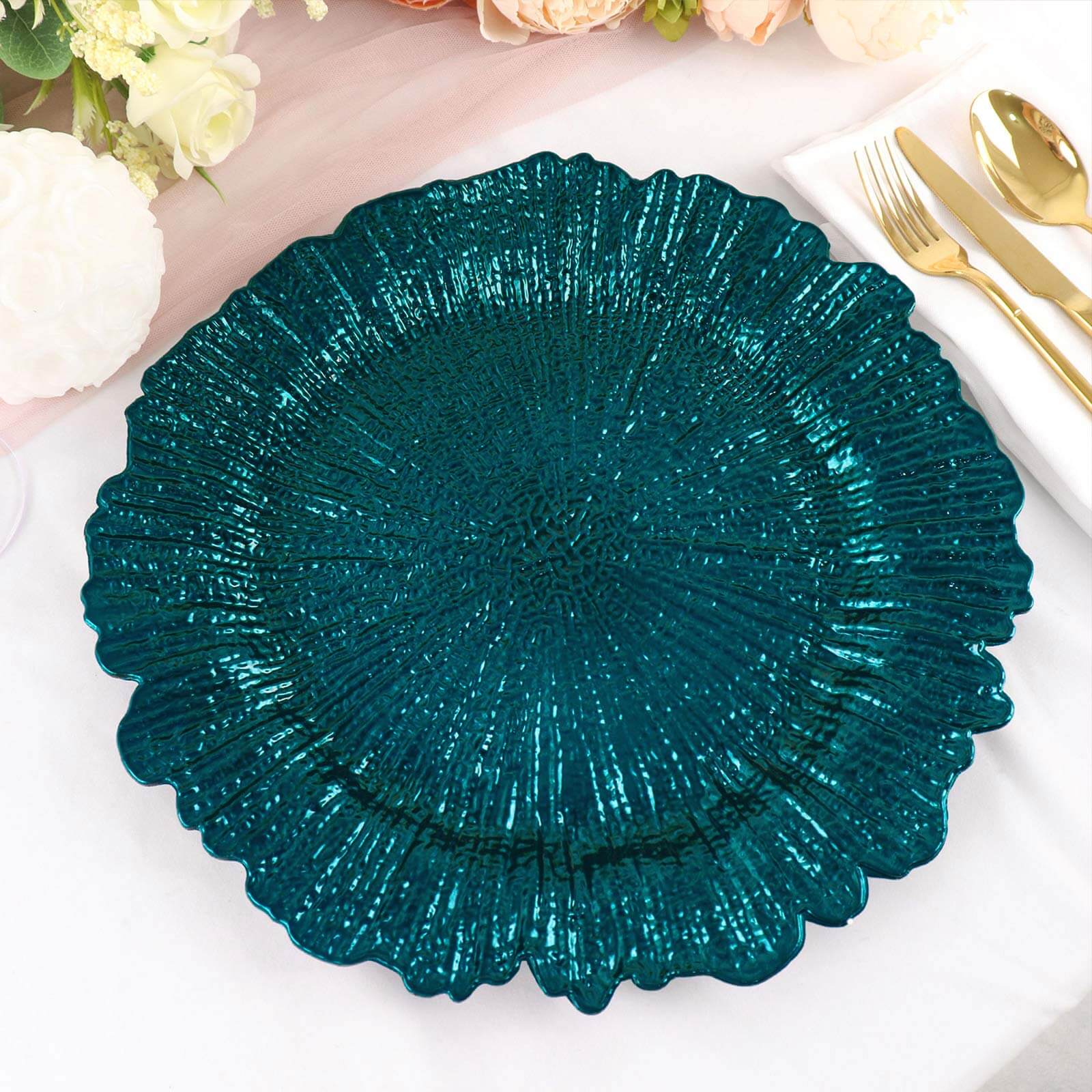 6-Pack Acrylic Plastic Round Charger Plates 13 in Peacock Teal with Reef Design, Dinner Charger Tableware