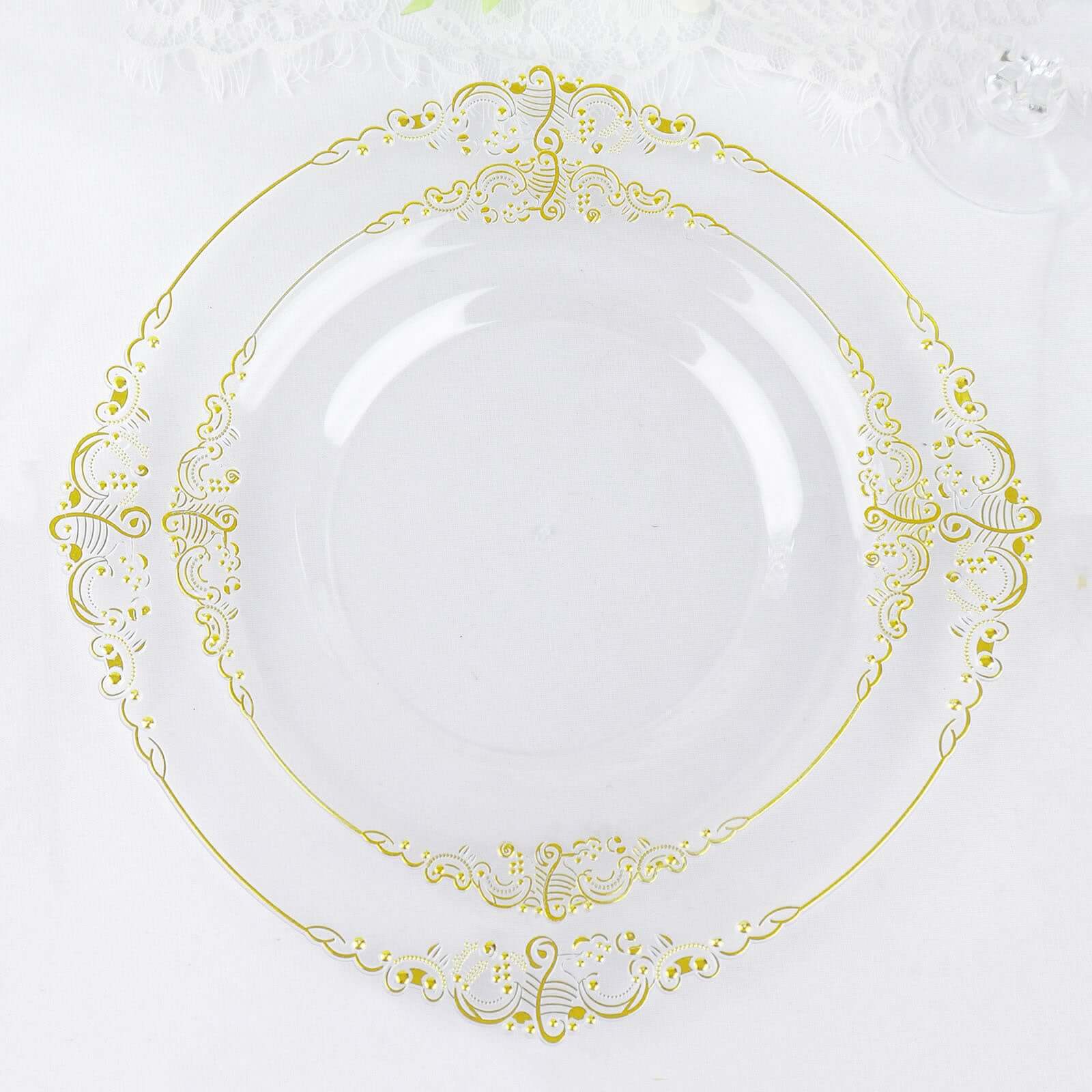 10-Pack Plastic 8 Round Dessert Plates in Clear with Gold Leaf Embossed Rim - Disposable Vintage Baroque Style Salad Plates