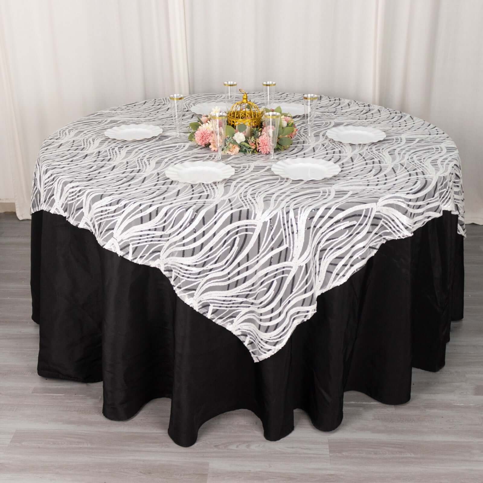 Mesh 72x72 Table Overlay Square Tablecloth White Black - Wave Embroidered Sequins Table Topper