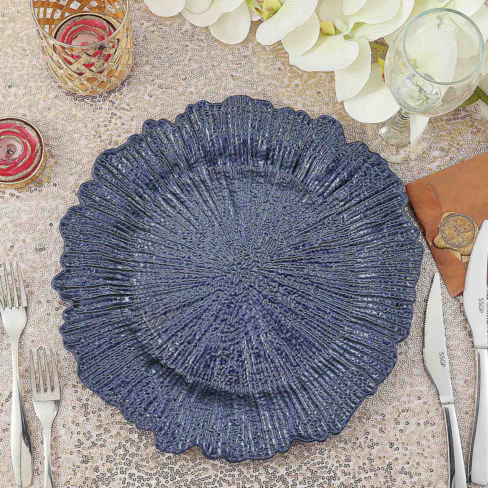 6-Pack Acrylic Plastic Round Charger Plates 13 in Navy Blue with Reef Design, Dinner Charger Tableware