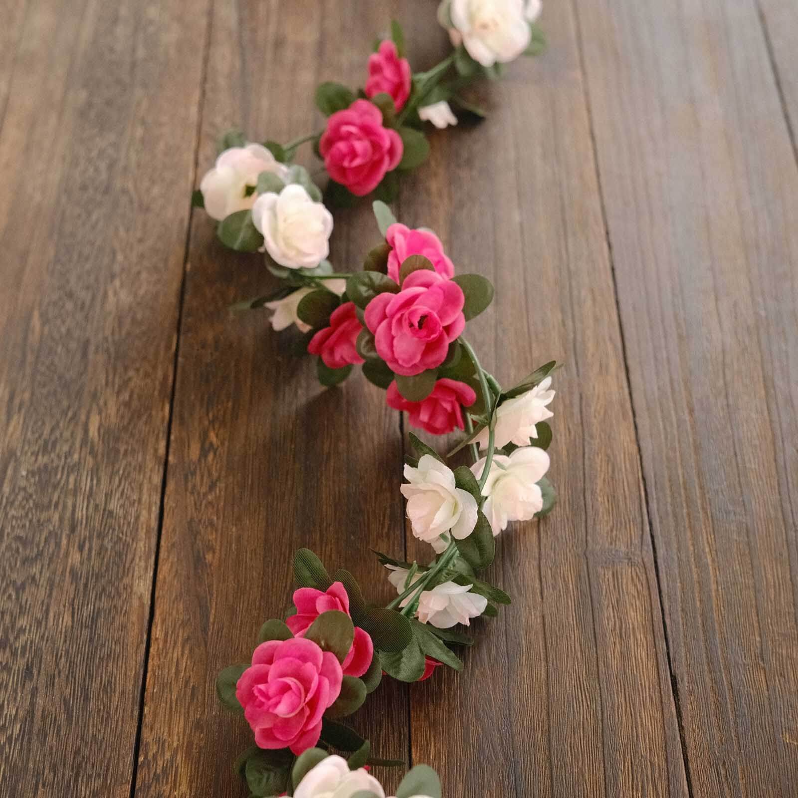 2 Pack 8ft Blush Fuchsia Artificial Silk Flower Garland Mini Rose Vines with 45 Flower Heads