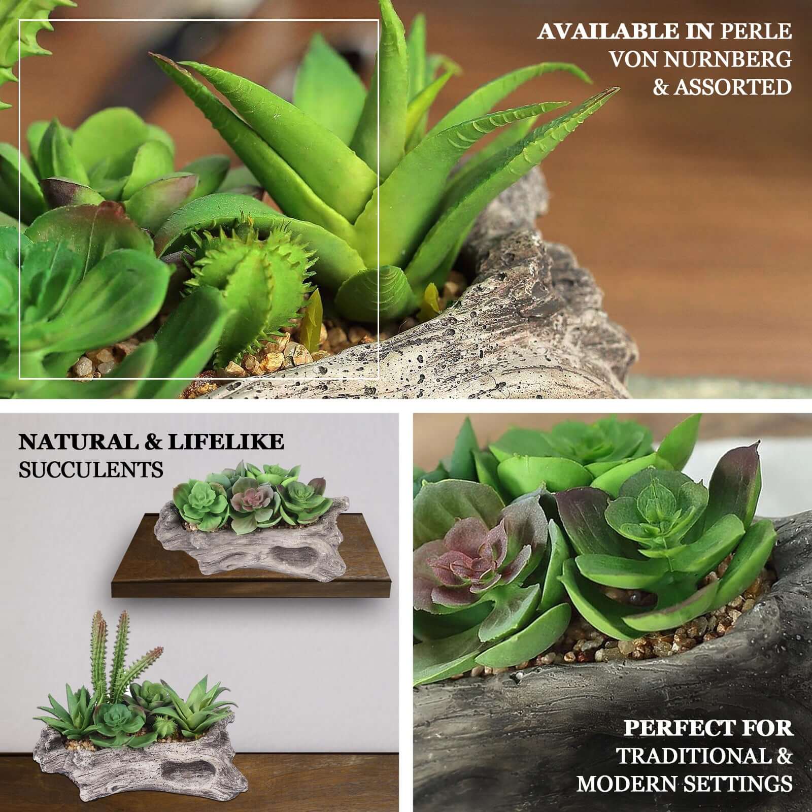 Perle Von Nurnberg Artificial Succulents Arrangements in 7 Log Planter - Lifelike Faux Plant for Stylish Home Bathroom Tabletop Indoor Outdoor Greenery Decor